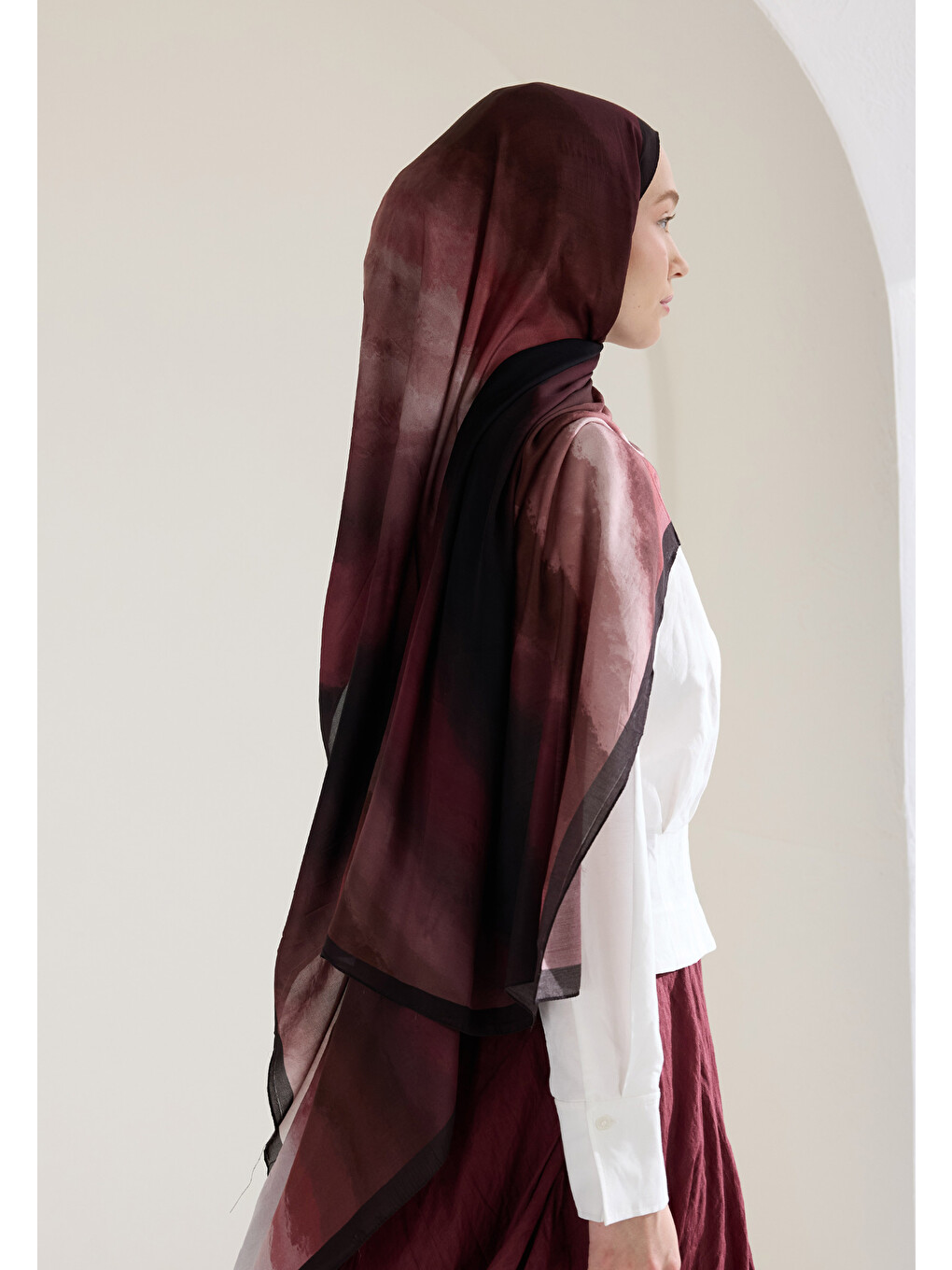 Ombre Floş Viskon Şal Bordo-3