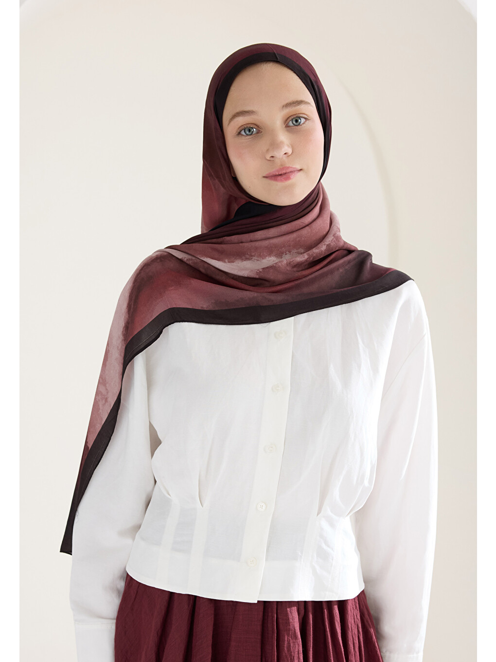 Ombre Floş Viskon Şal Bordo-5
