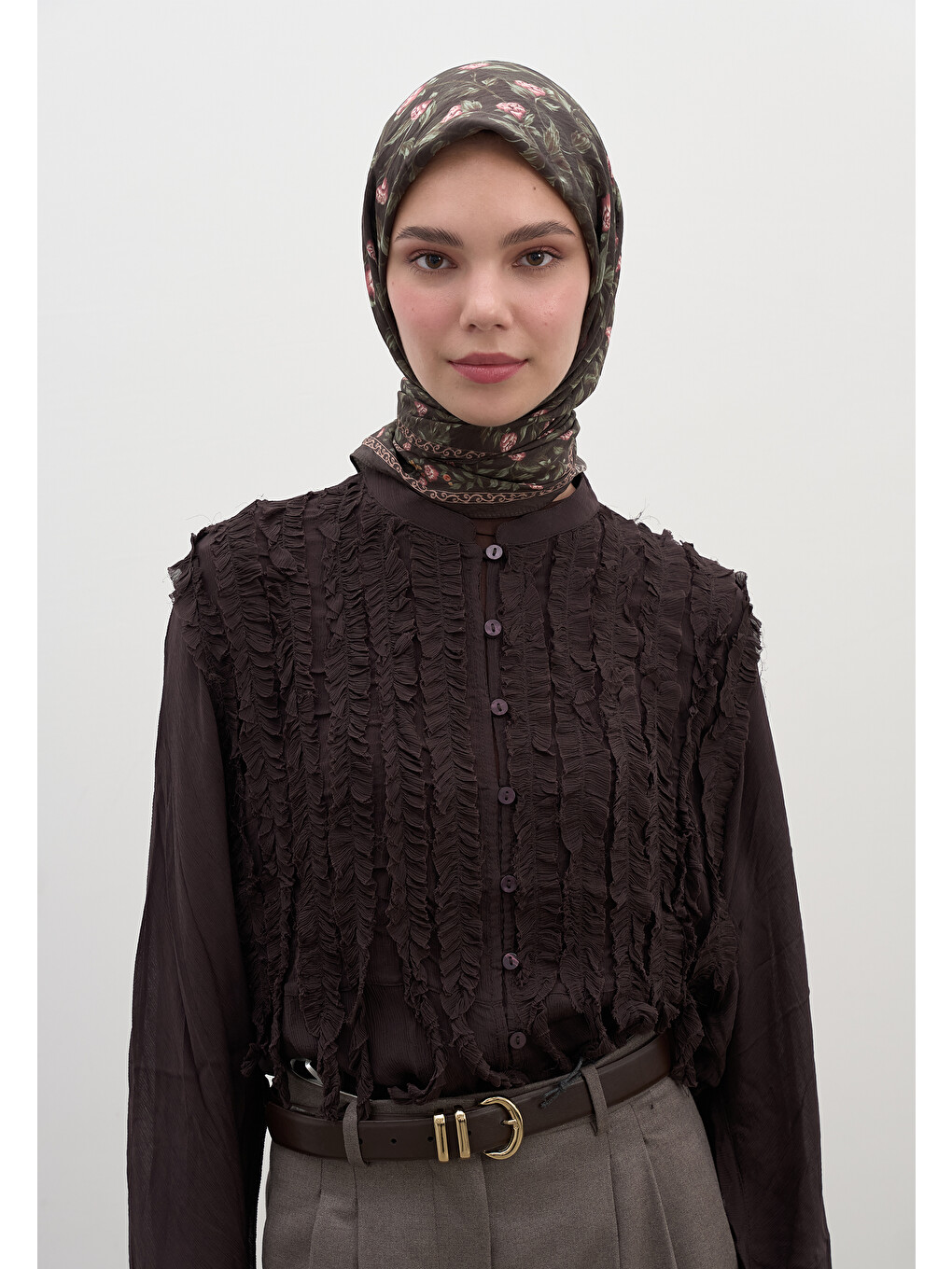 Kahverengi Leana Desen Pamuklu Viskon Eşarp Acı Kahve-4