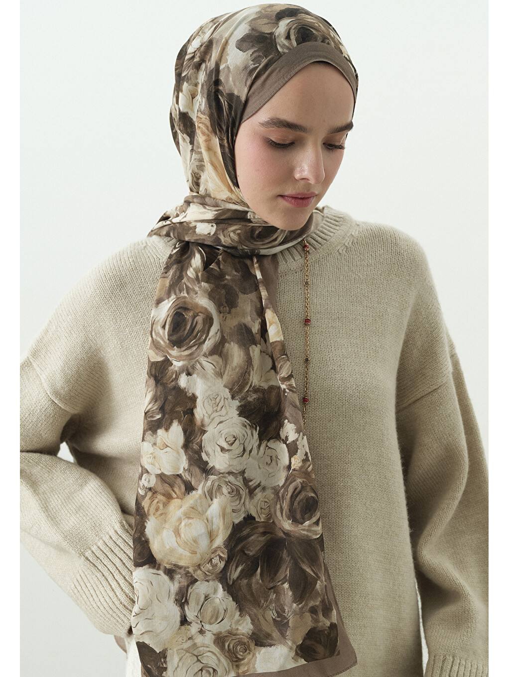 Bej Rose Breeze Desenli Pamuk Viskon Şal Vizon