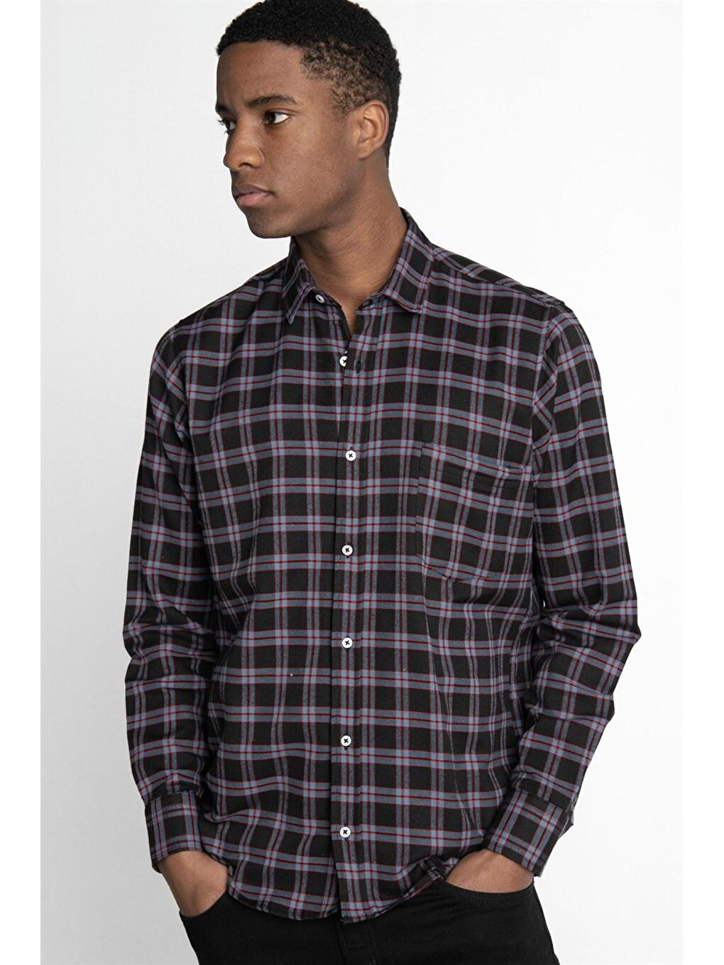 Siyah Klasik Fit Uzun Kol Kışlık Kareli Tek Cepli Erkek Renkli Gömlek