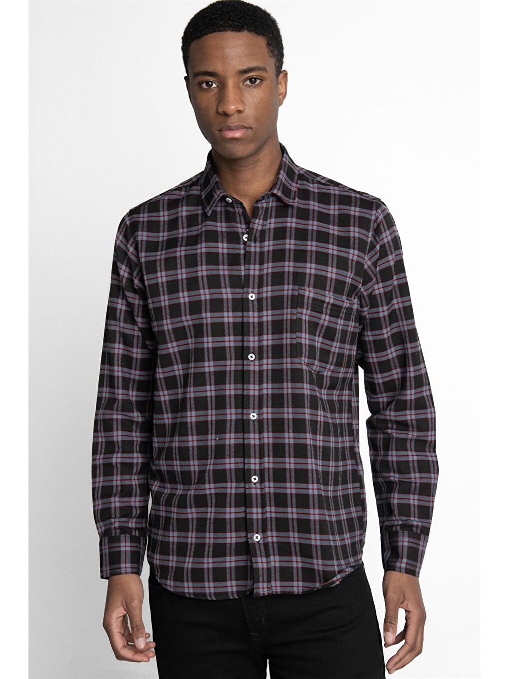 Siyah Klasik Fit Uzun Kol Kışlık Kareli Tek Cepli Erkek Renkli Gömlek-1