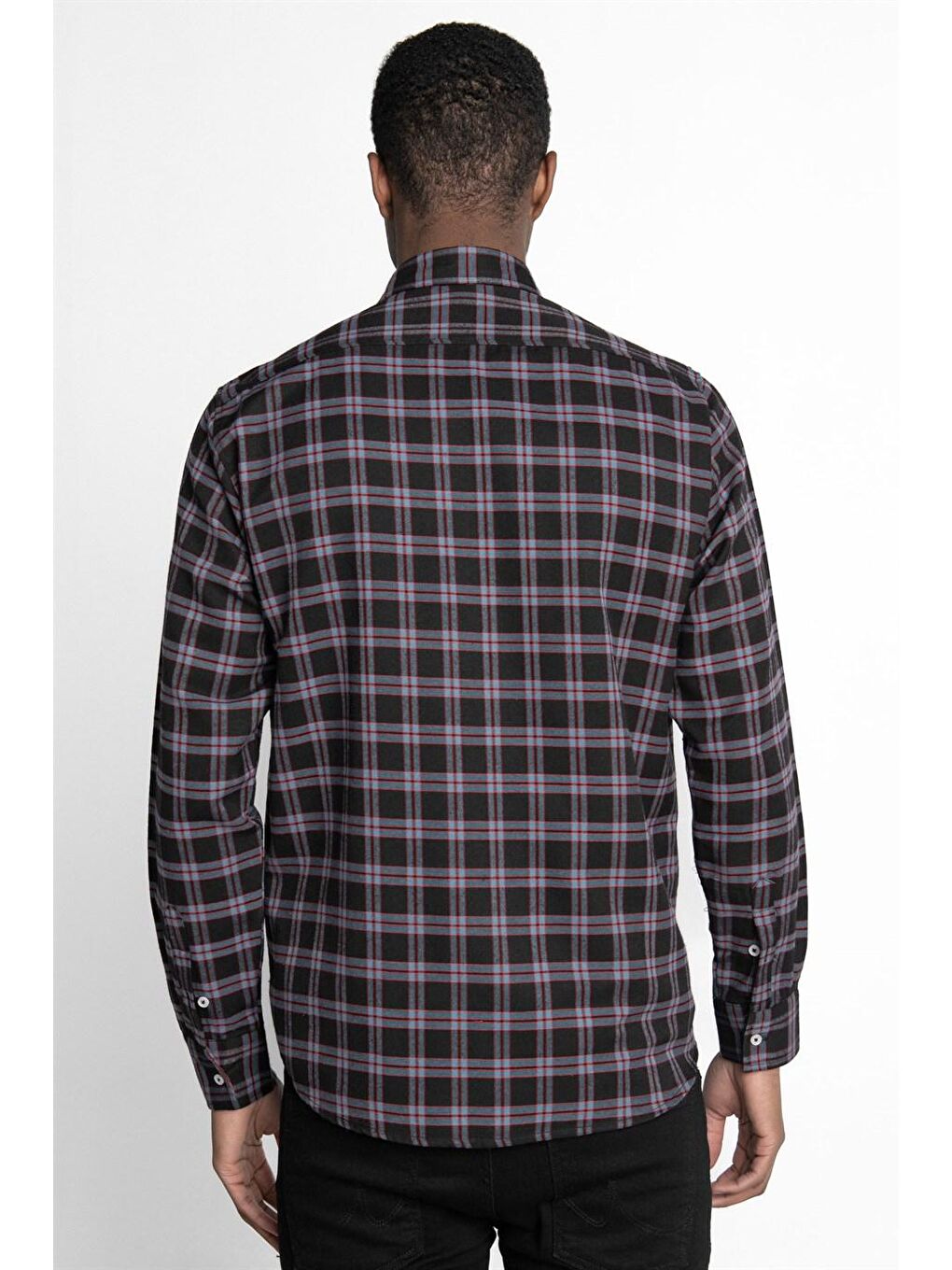 Siyah Klasik Fit Uzun Kol Kışlık Kareli Tek Cepli Erkek Renkli Gömlek-3