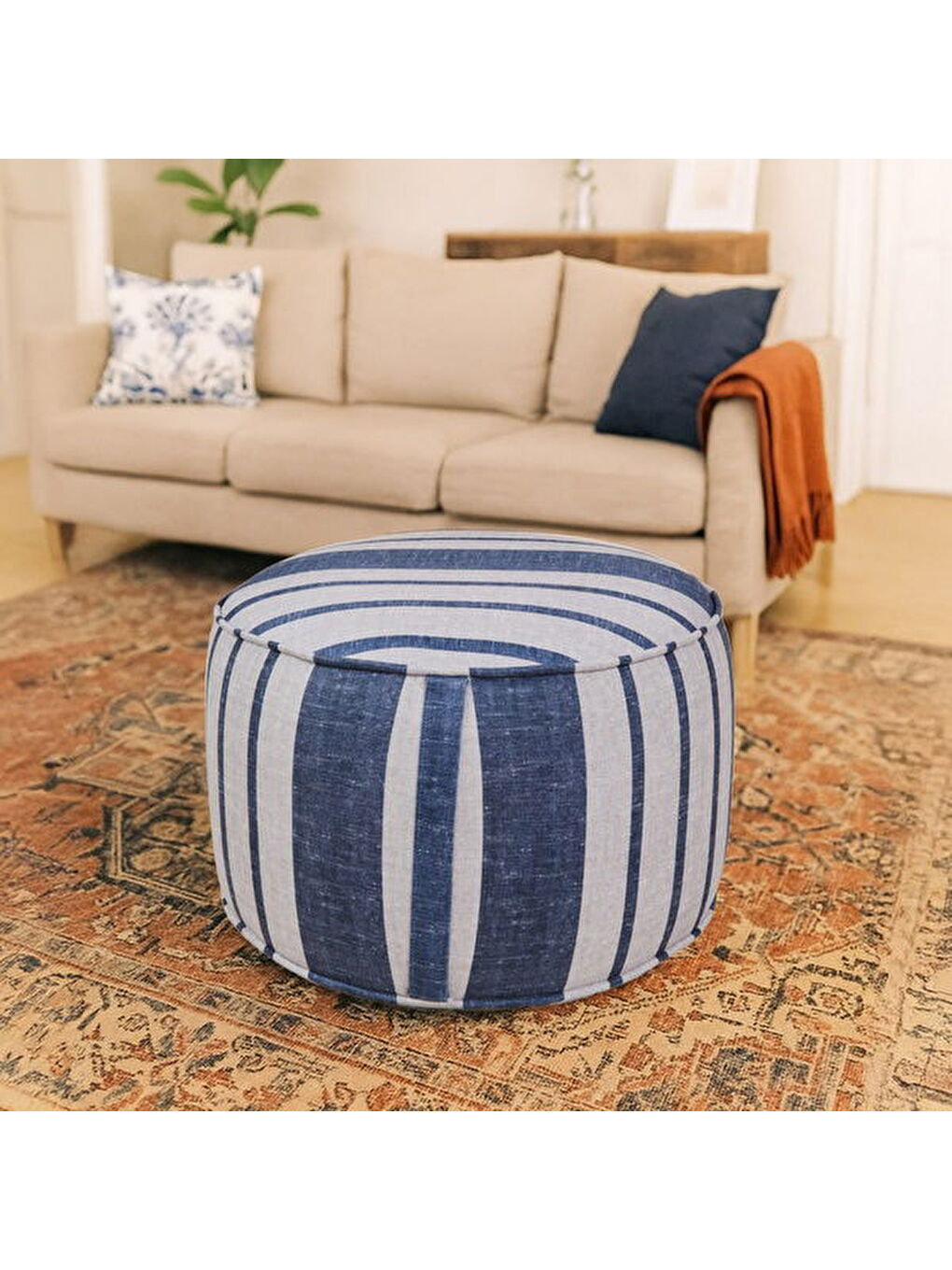 Nautical Puf - Mavi / Krem - 36x56x56 cm