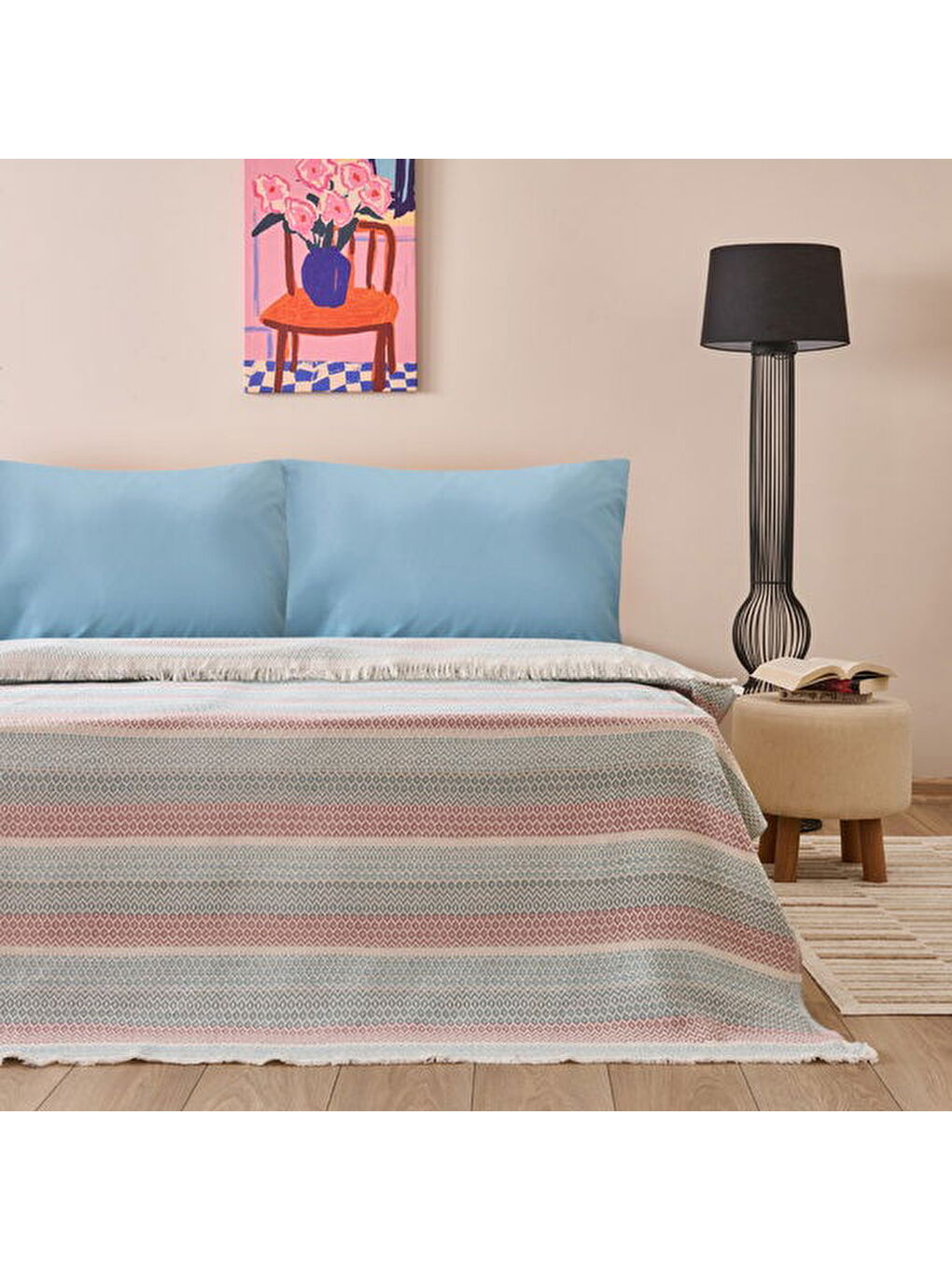 Soft Vita Çift Kişilik Pike - Ekru / Mavi - 200x230 cm