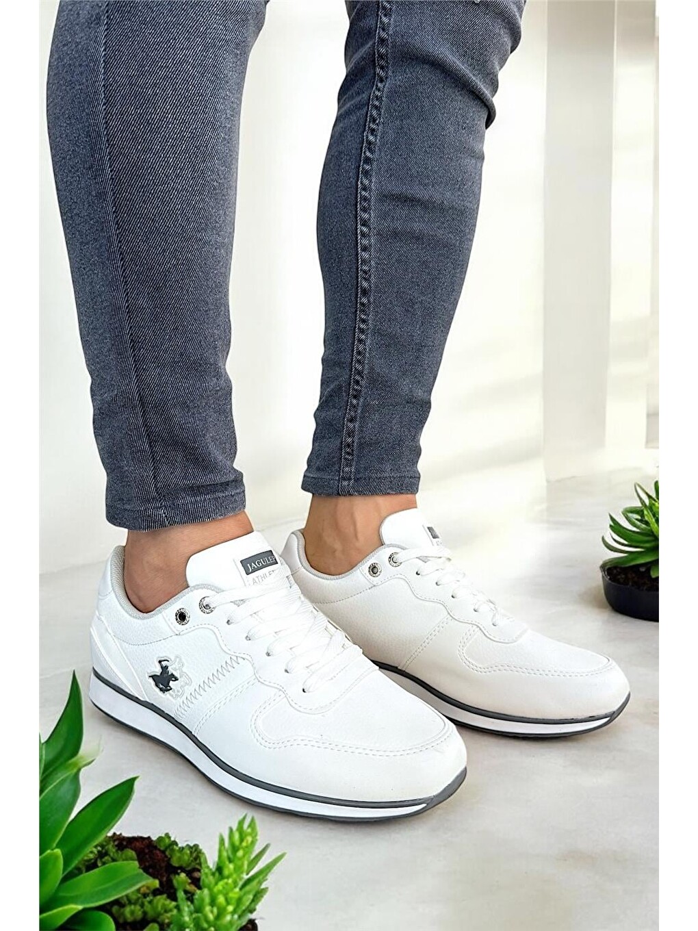 Erkek Günlük Cilt Sneaker Ayakkabı Beyaz - Füme-7