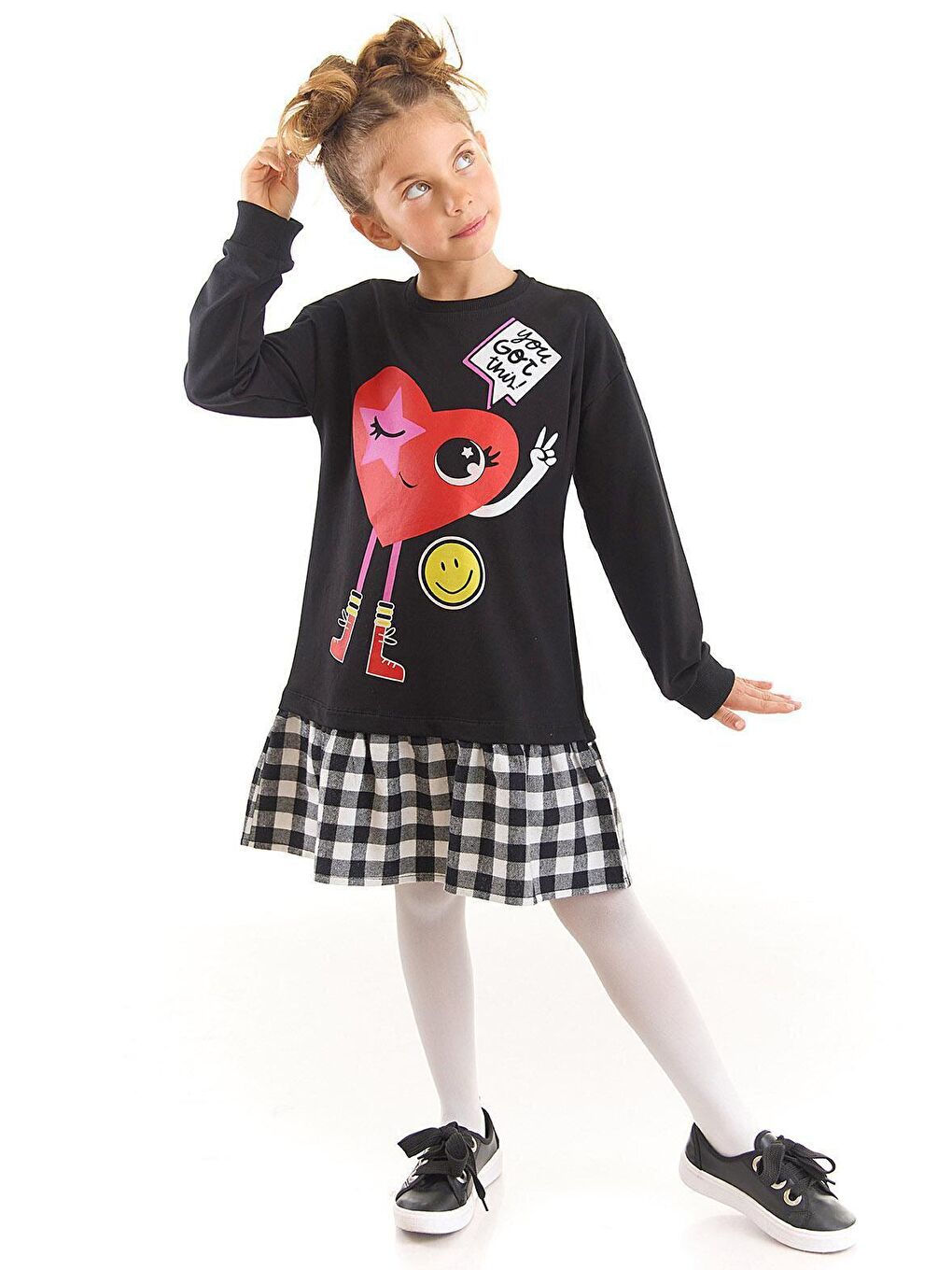 Komik Kalp Kız Çocuk Ekose Siyah Elbise