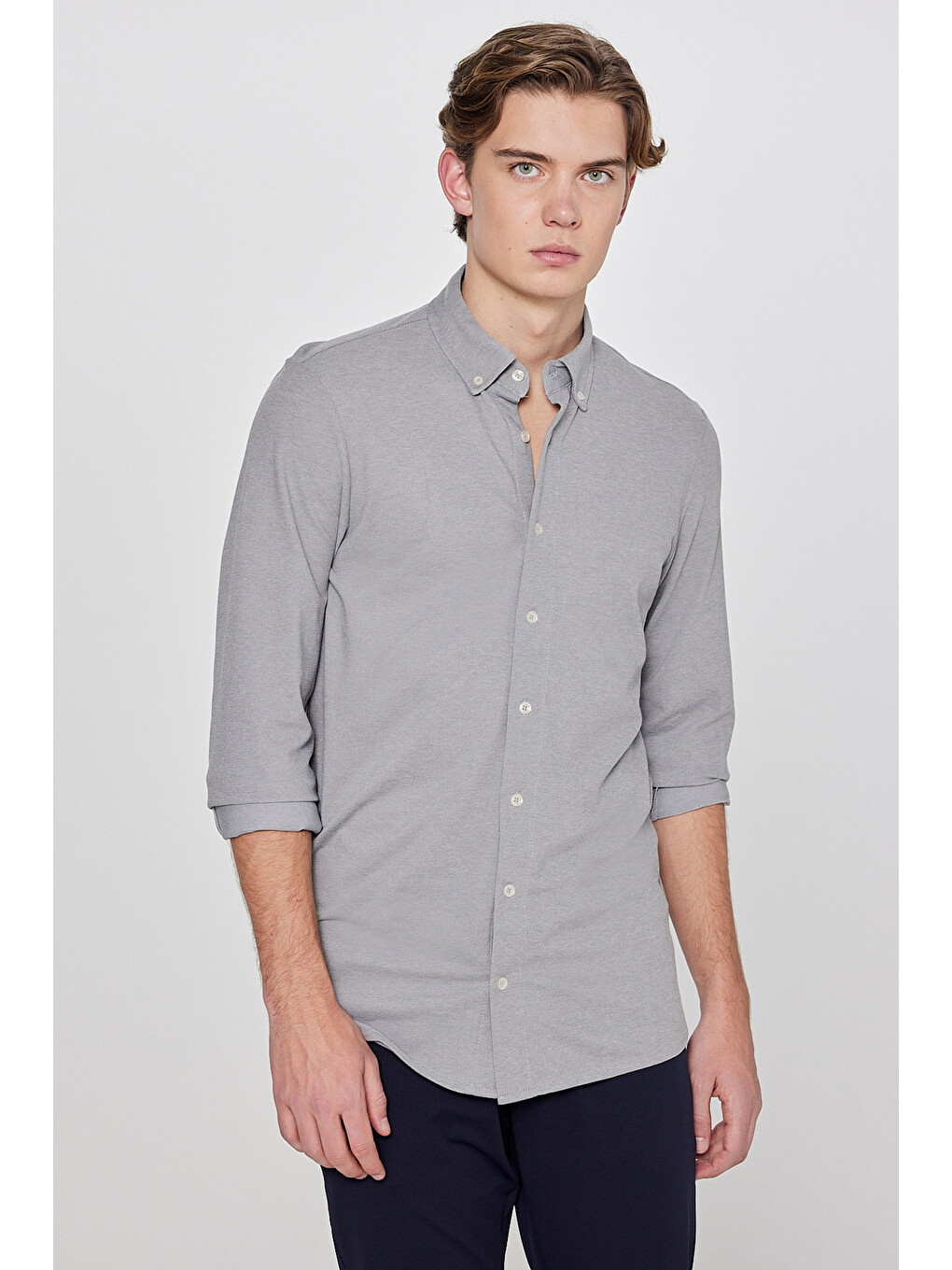 Gri Pamuklu Slim Fit Dar Kesim Klasik Yaka Örme Gömlek