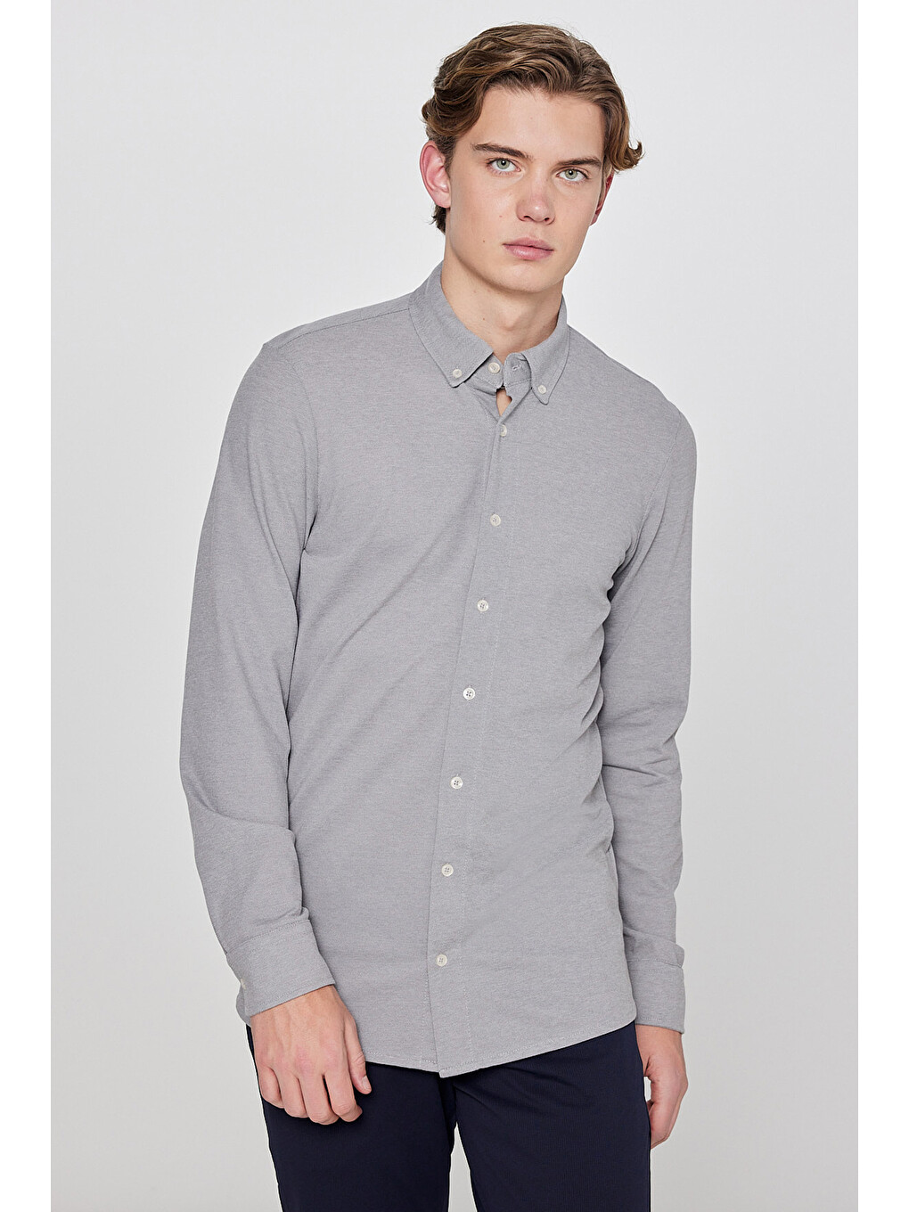 Gri Pamuklu Slim Fit Dar Kesim Klasik Yaka Örme Gömlek-1