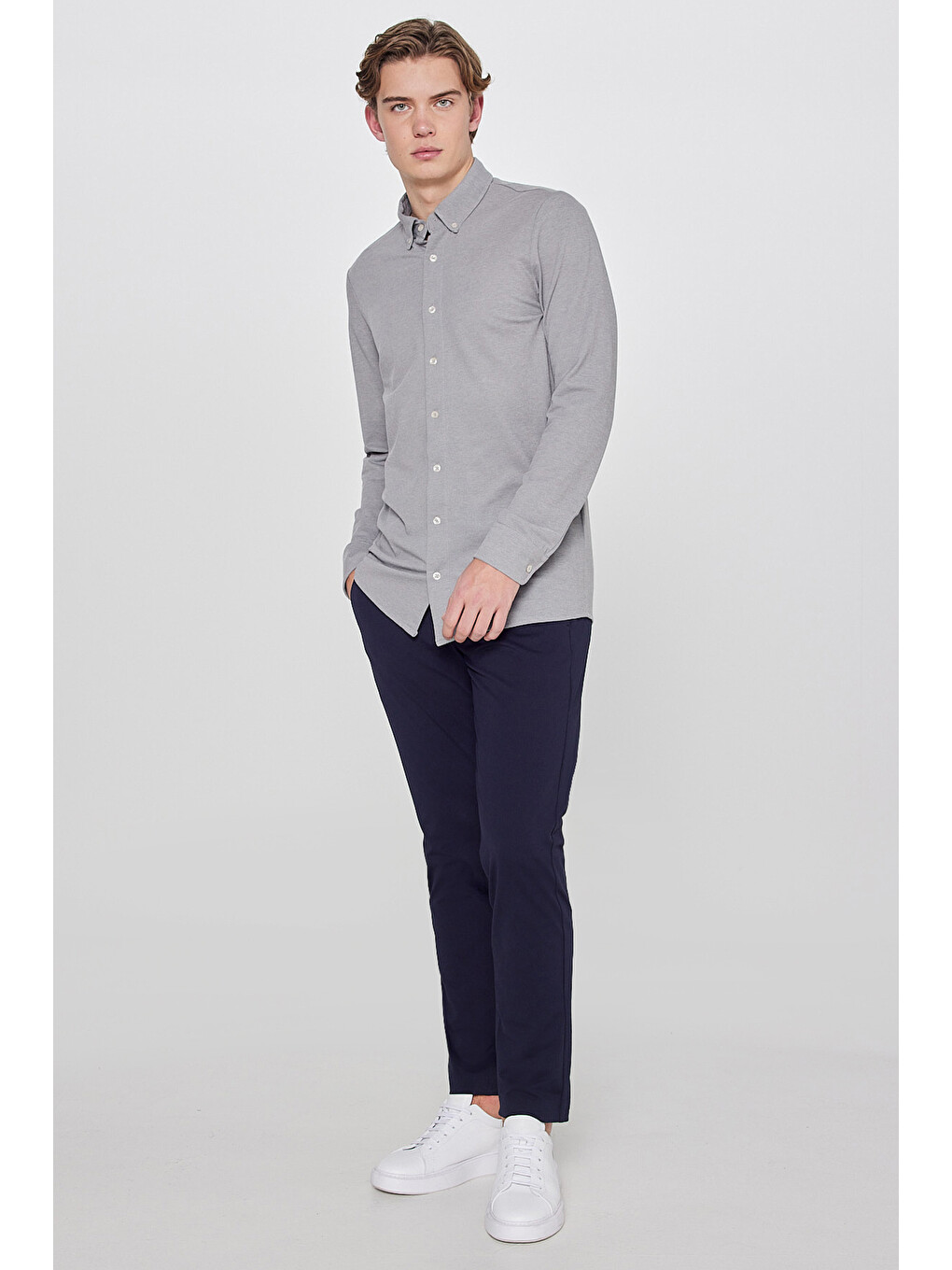 Gri Pamuklu Slim Fit Dar Kesim Klasik Yaka Örme Gömlek-2