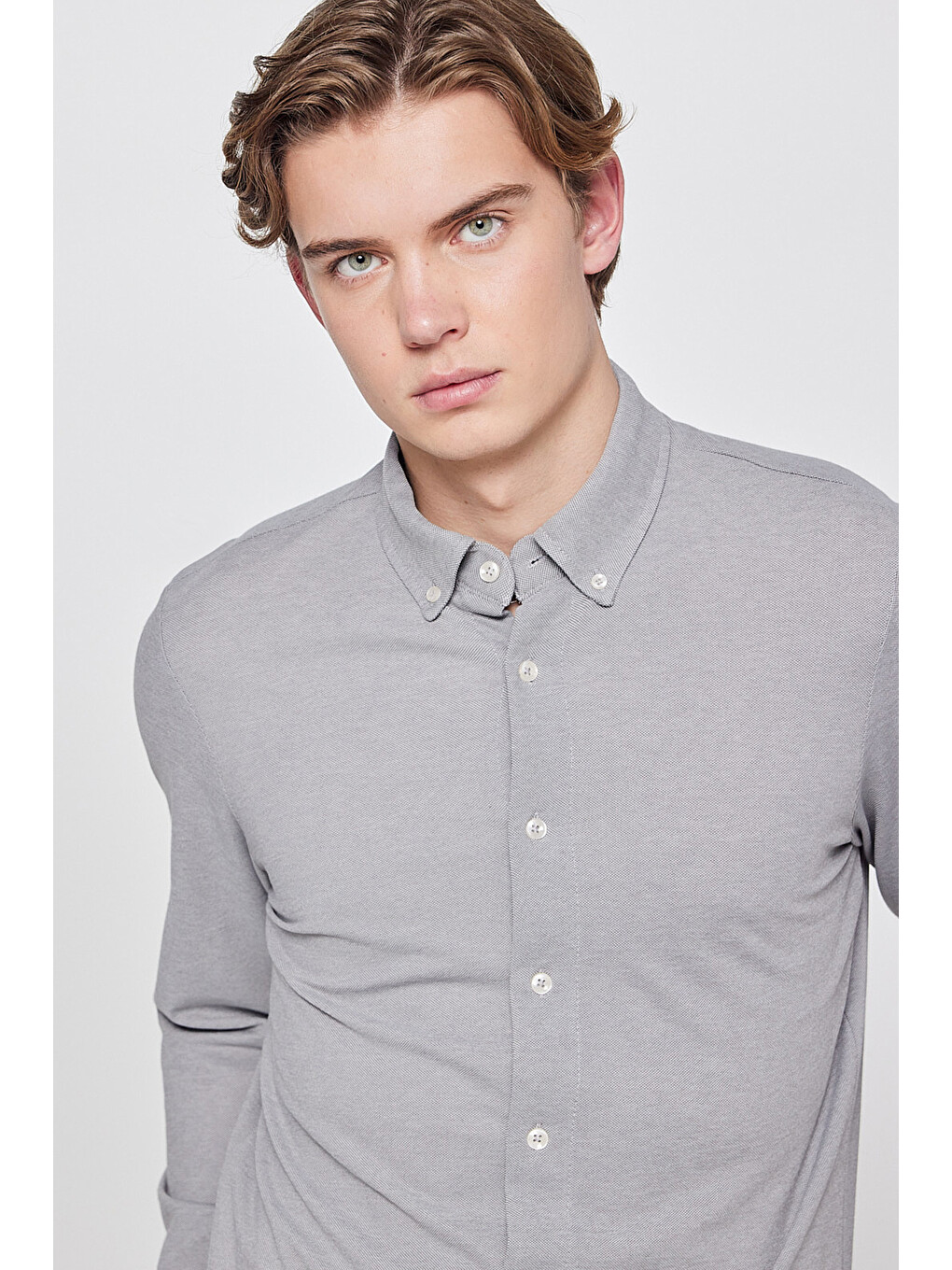 Gri Pamuklu Slim Fit Dar Kesim Klasik Yaka Örme Gömlek-3
