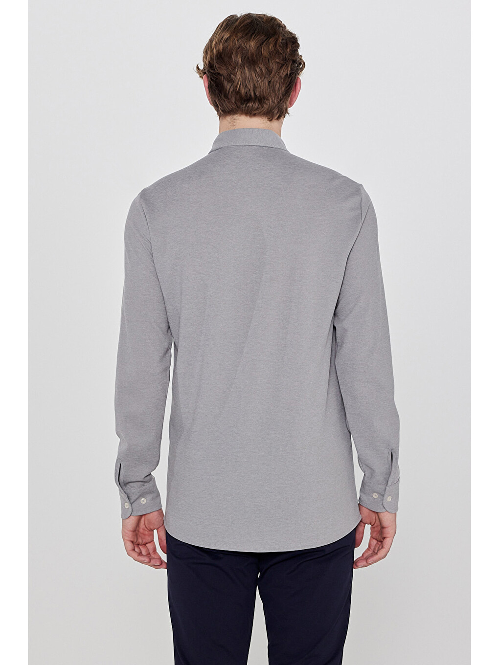 Gri Pamuklu Slim Fit Dar Kesim Klasik Yaka Örme Gömlek-4