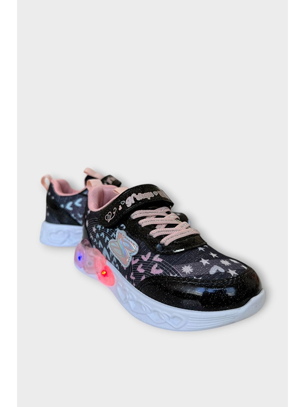 Çok Renkli Işıklı Cırtlı Hafif Anatomik Taban Günlük Sneaker Kız Çocuk Spor Ayakkabı Siyah - Pudra-1
