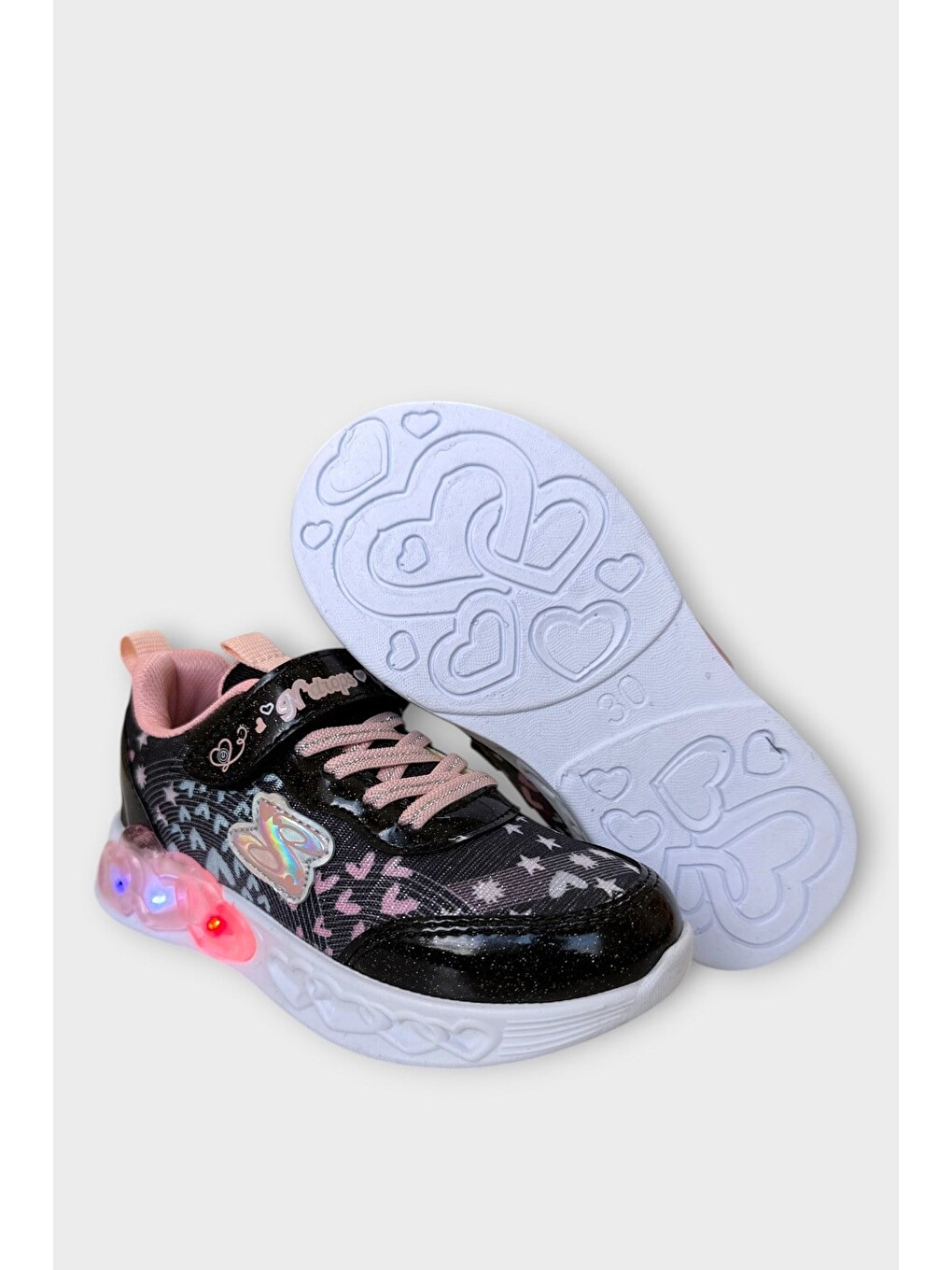 Çok Renkli Işıklı Cırtlı Hafif Anatomik Taban Günlük Sneaker Kız Çocuk Spor Ayakkabı Siyah - Pudra-4