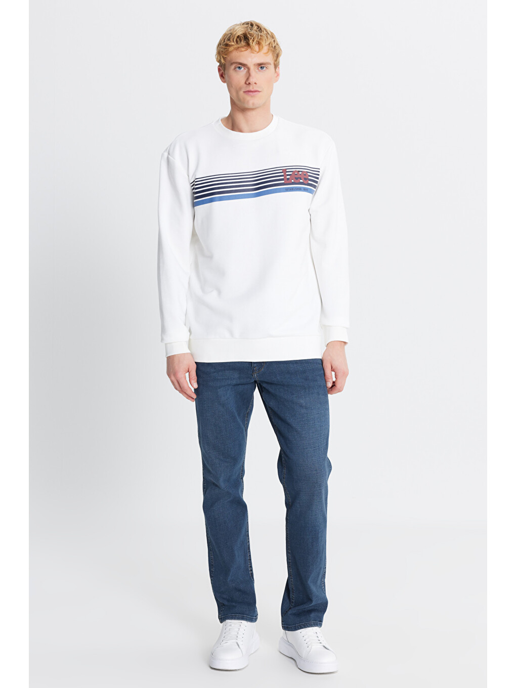 Regular Fit Normal Kesim Bisiklet Yaka Baskılı Kırık Beyaz Sweatshirt-1