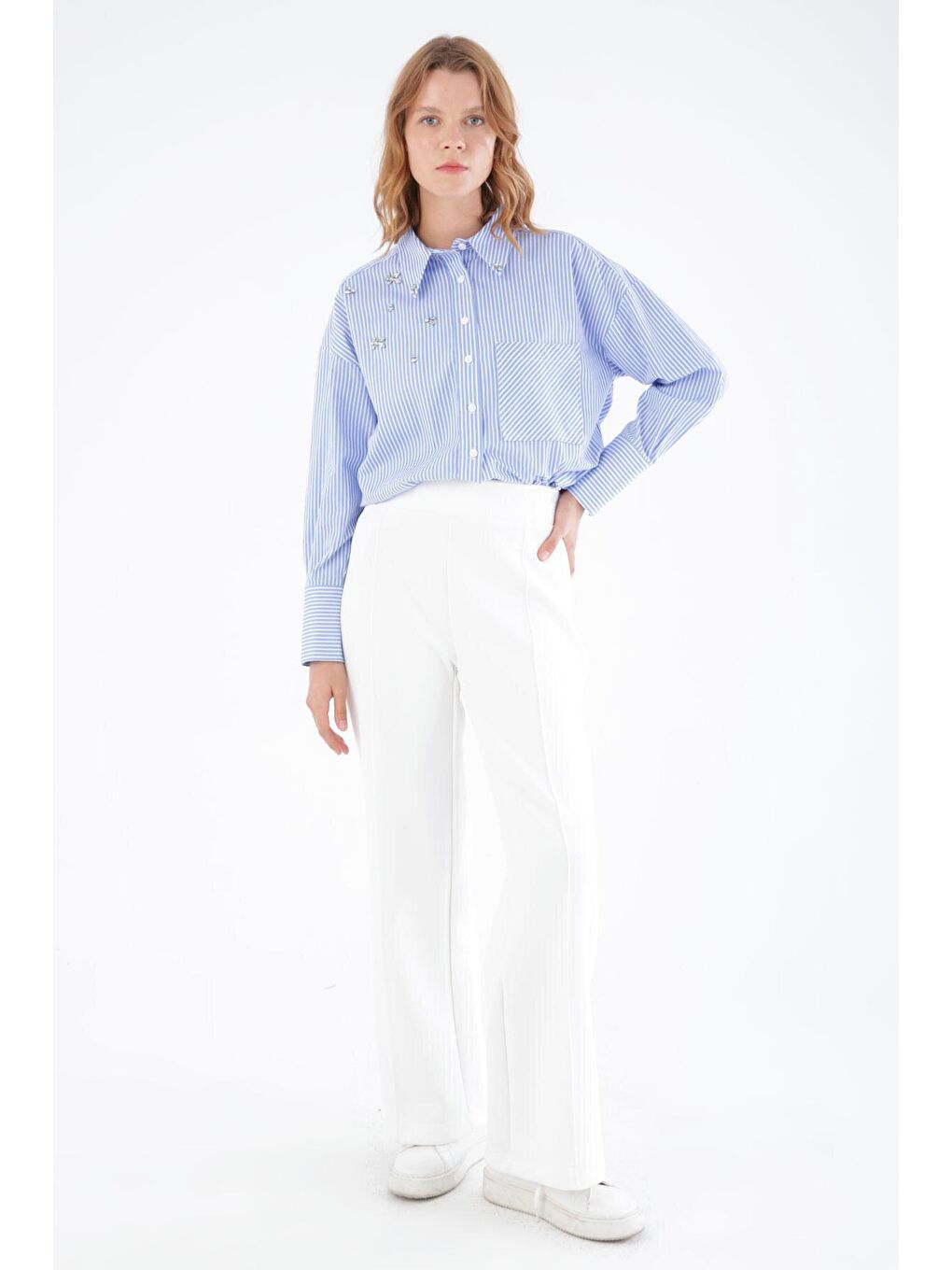 Beyaz Çimalı Bol Paça Scuba Pantolon-1