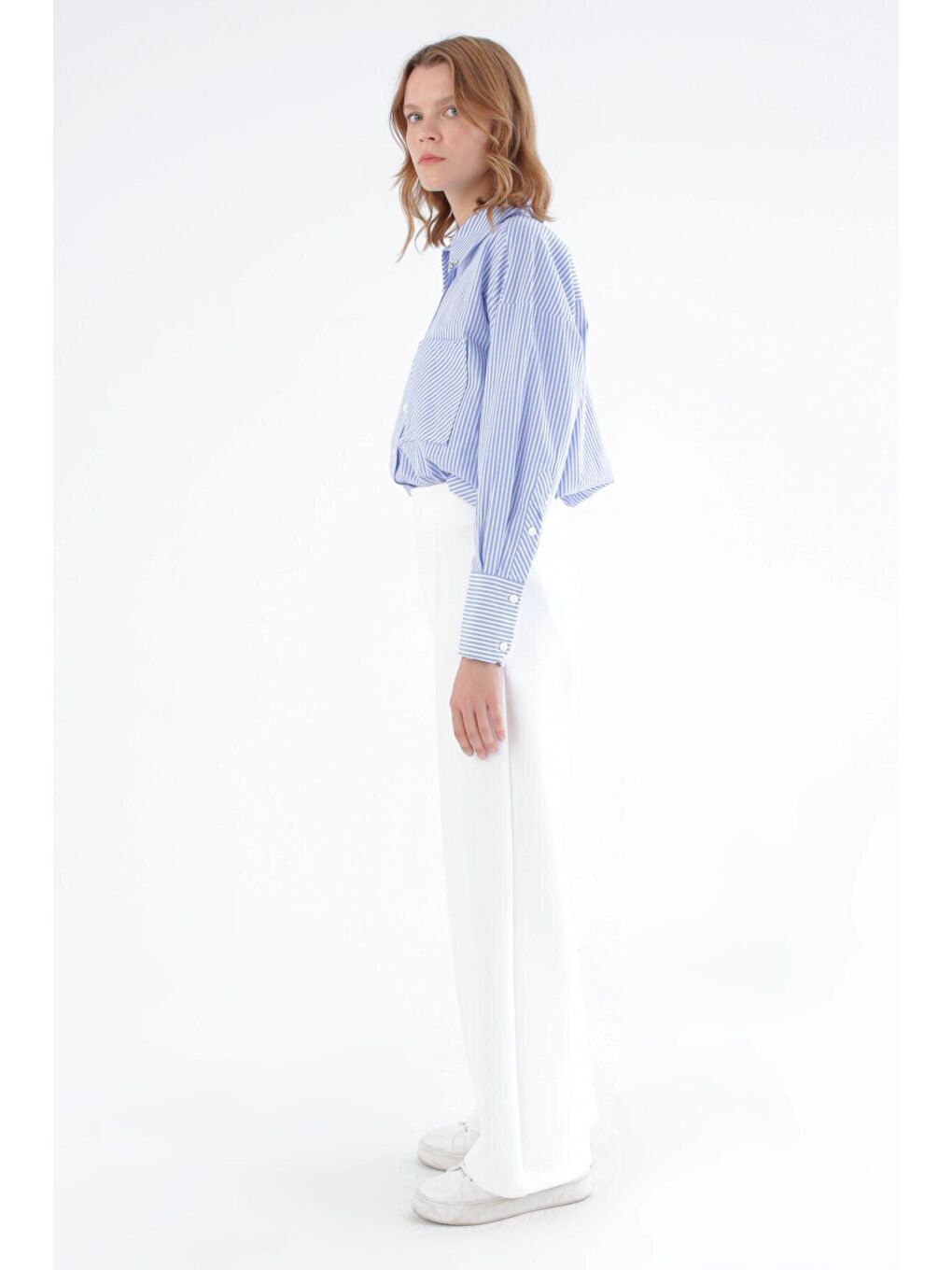 Beyaz Çimalı Bol Paça Scuba Pantolon-2