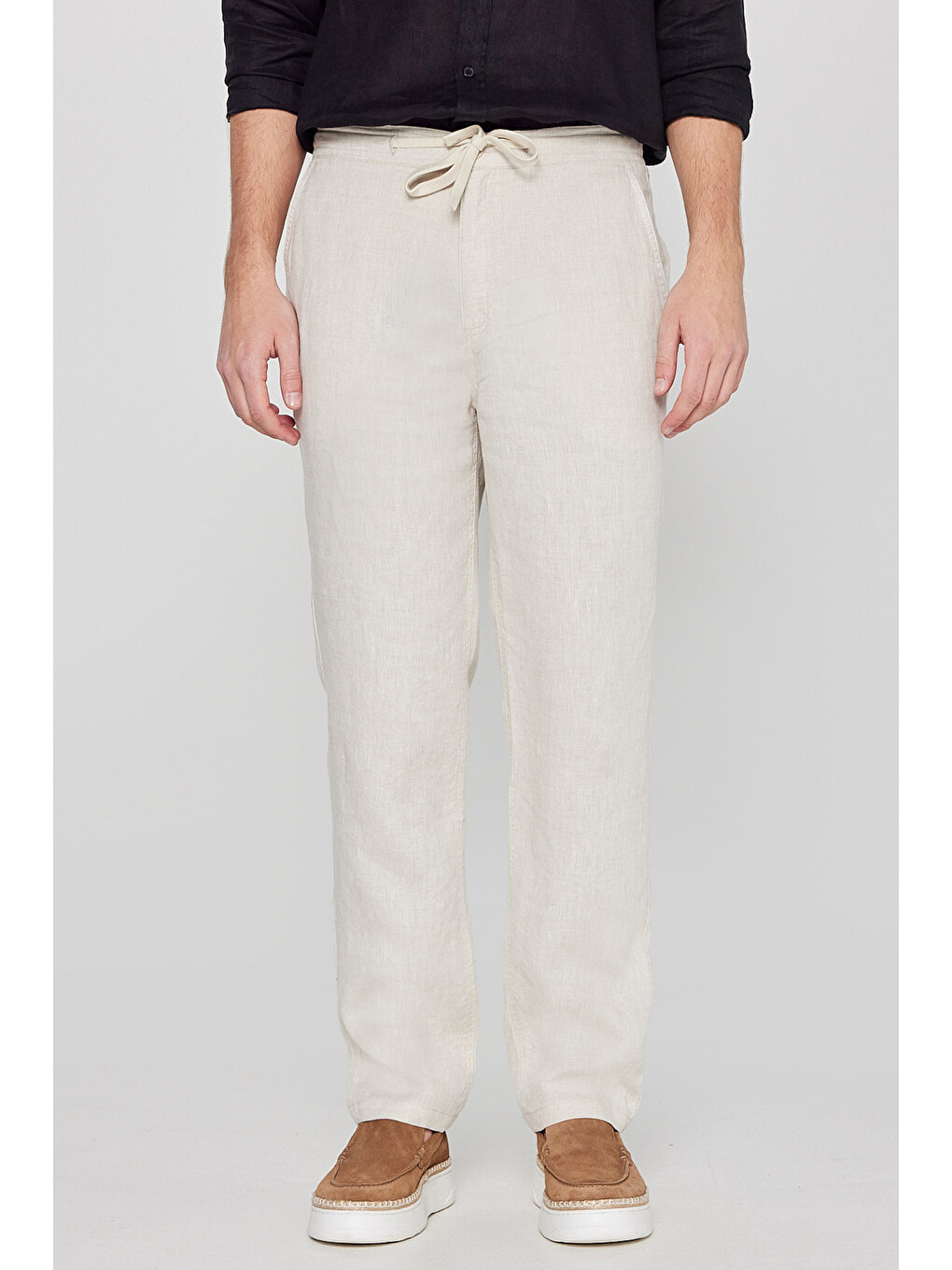 Bej %100 Keten Regular Fit Cepli Erkek Pantolon-2