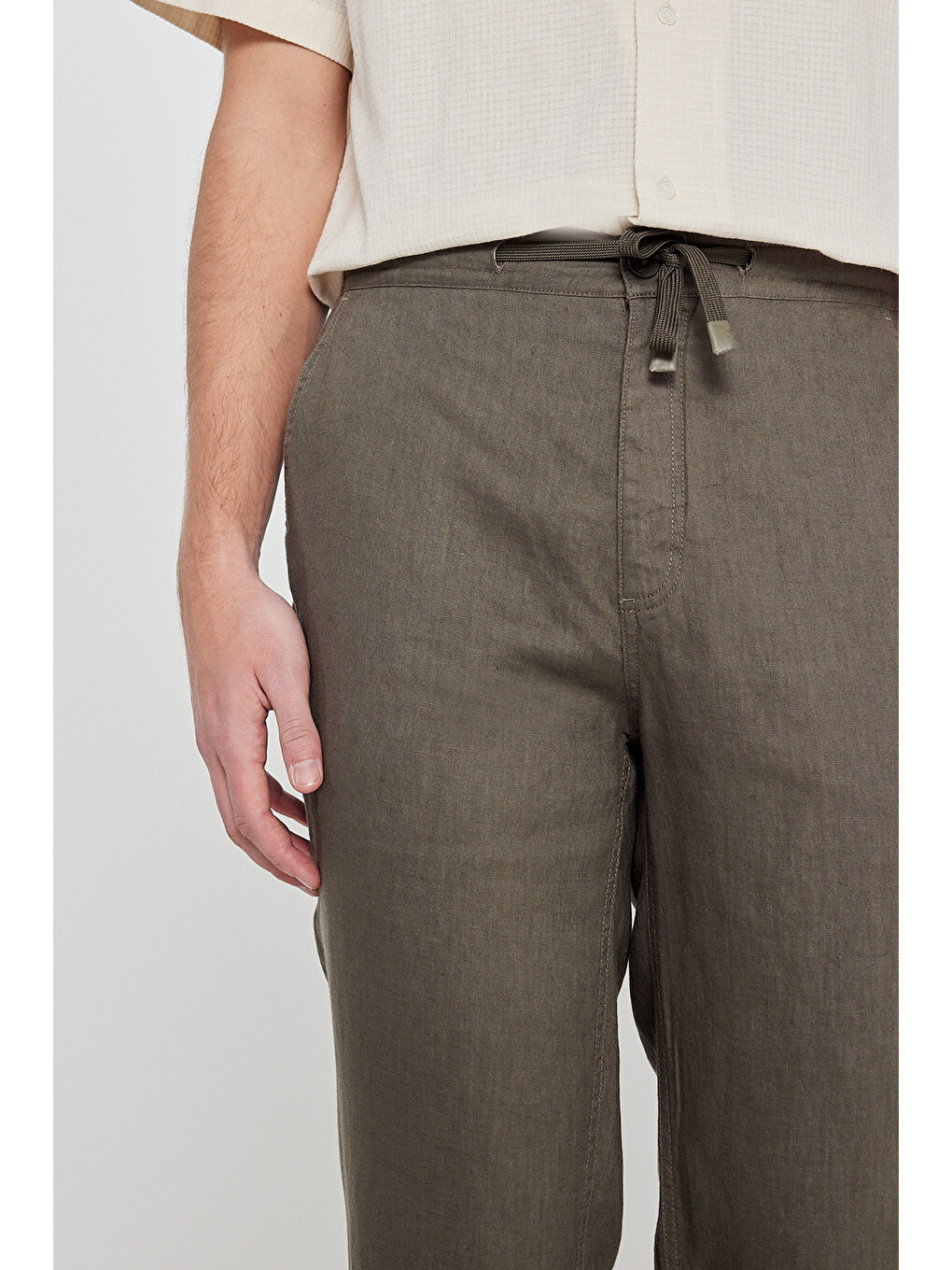 Haki %100 Keten Regular Fit Cepli Pantolon-4