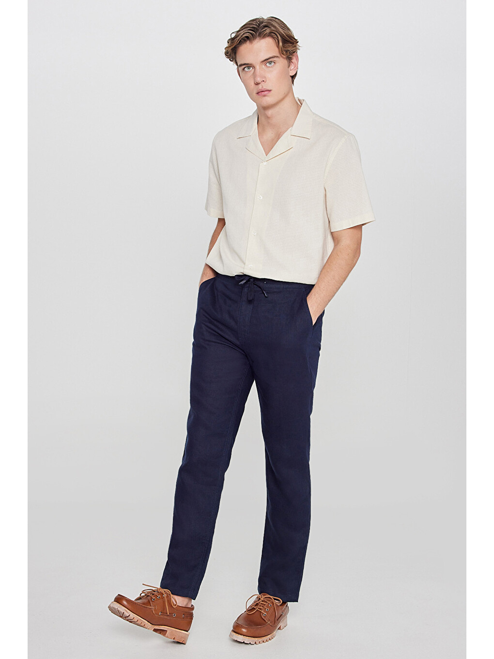 Lacivert %100 Keten Regular Fit Cepli Pantolon-1
