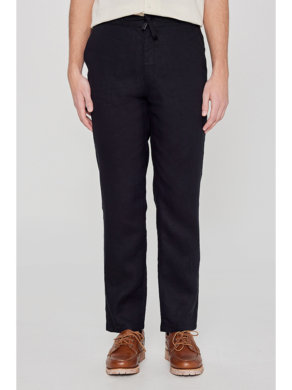 Siyah %100 Keten Regular Fit Cepli Pantolon-2