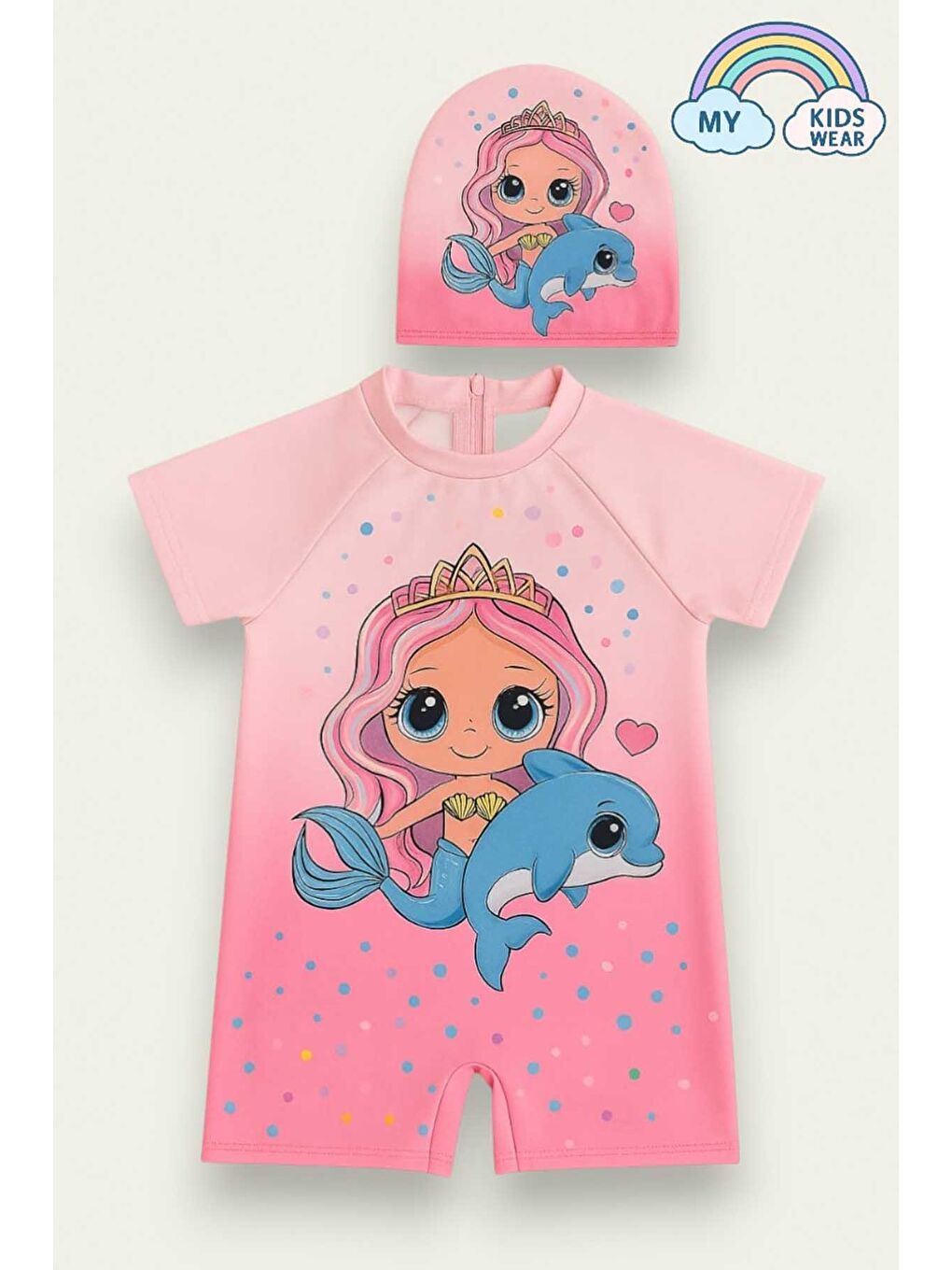 Pembe Kız Çocuk Dalgıç Kumaş Gizli Fermuarlı Boneli Mayo Takımı 3-10 Yaş 11937