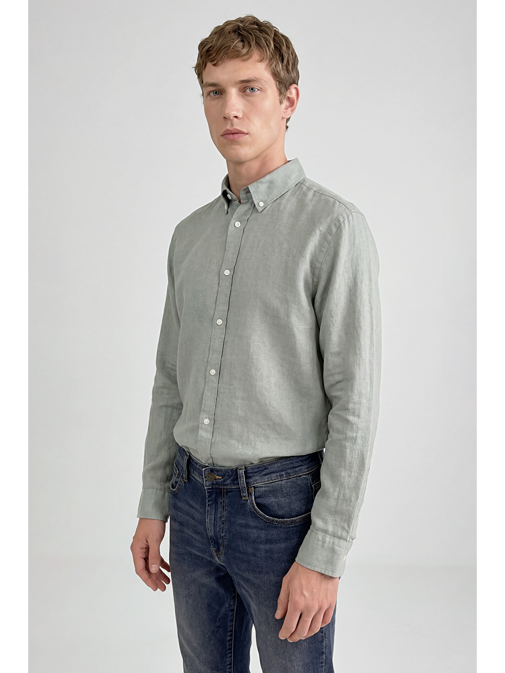 Yeşil %100 Keten Regular Fit Gömlek