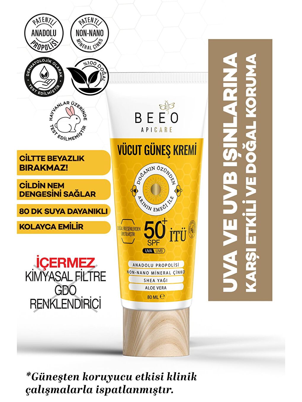 bee'o propolis Renksiz Beeo Vücut Güneş Kremi SPF 50+ 80 ml