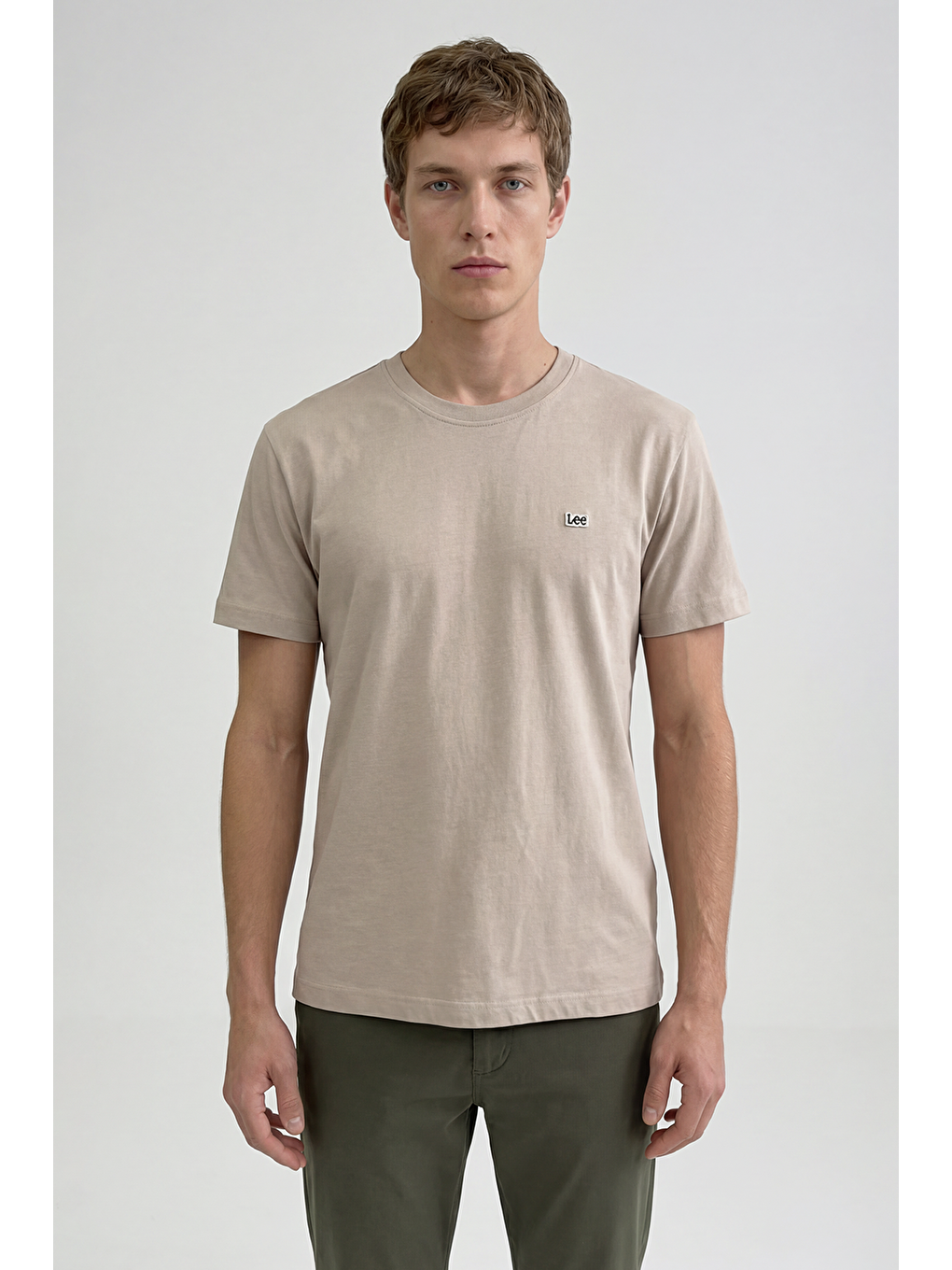 Bej %100 Pamuk Regular Fit Normal Kesim Bisiklet Yaka Logo Detalı Tişört