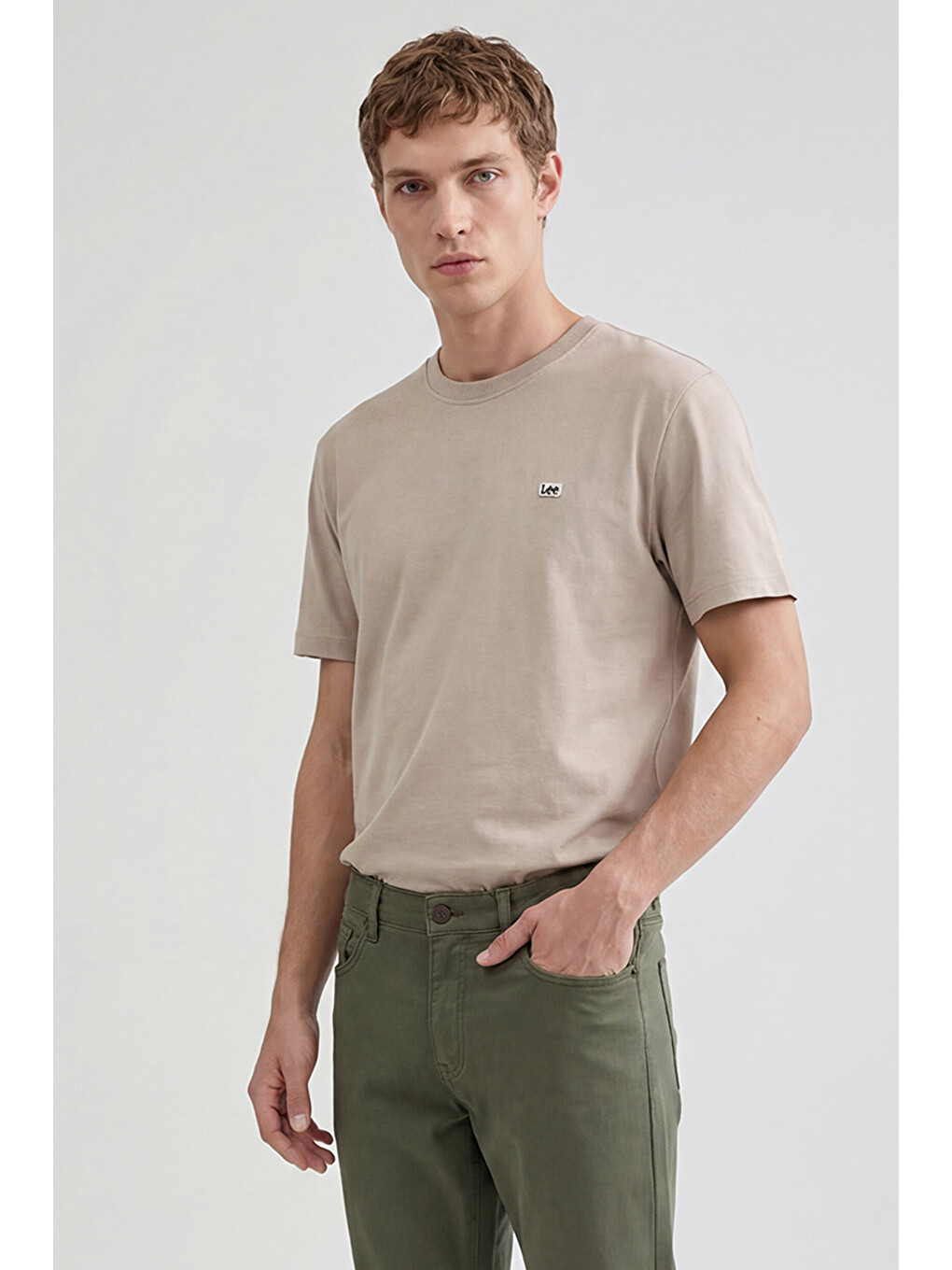 Bej %100 Pamuk Regular Fit Normal Kesim Bisiklet Yaka Logo Detalı Tişört-2