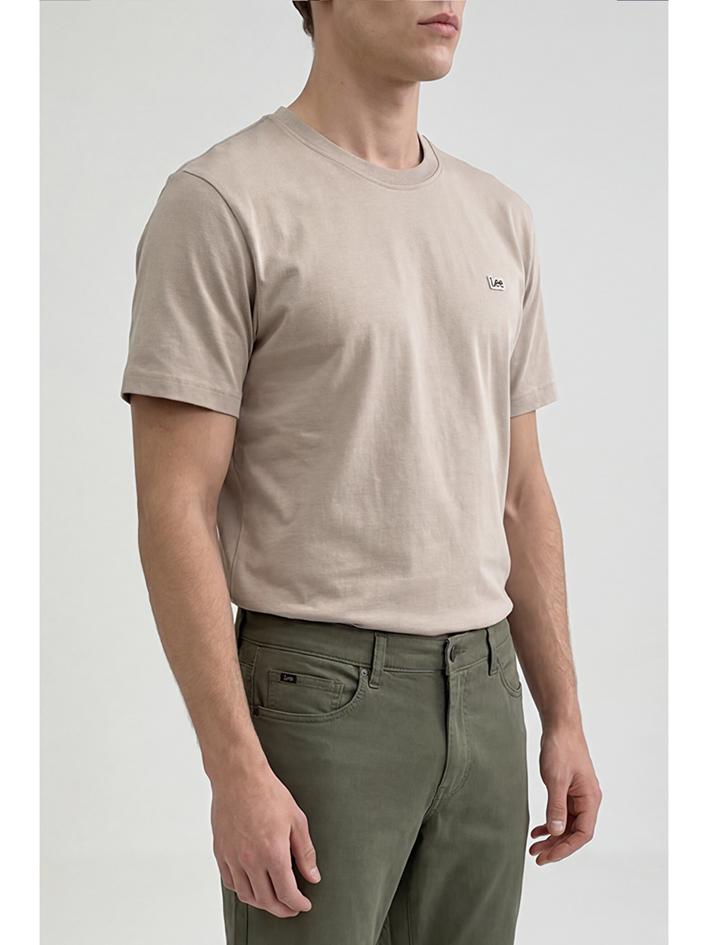 Bej %100 Pamuk Regular Fit Normal Kesim Bisiklet Yaka Logo Detalı Tişört-3