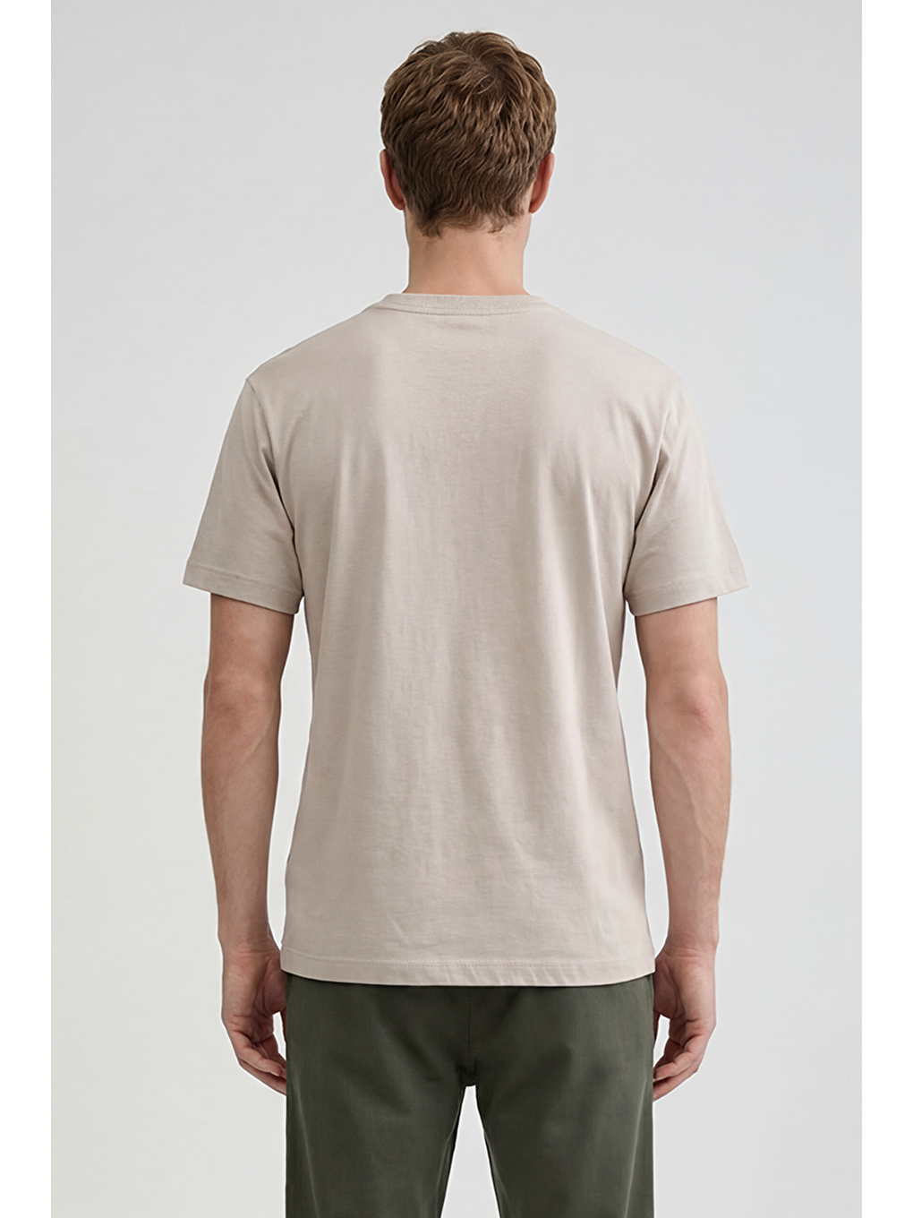 Bej %100 Pamuk Regular Fit Normal Kesim Bisiklet Yaka Logo Detalı Tişört-4