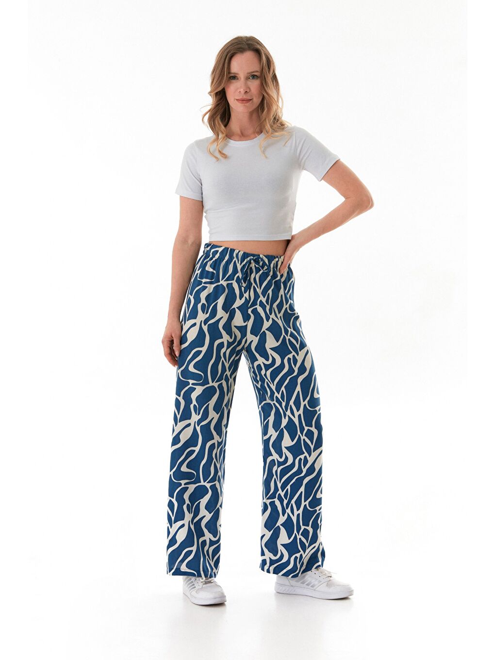 İndigo Desenli Beli Lastikli Palazzo Pantolon-2