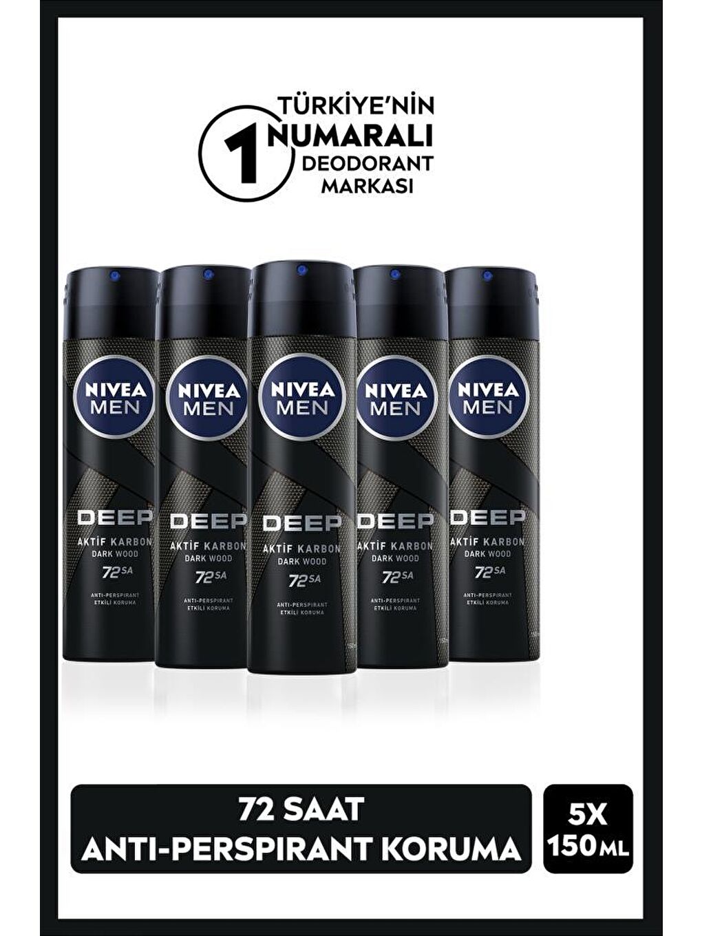 NIVEA Men Erkek Sprey Deodorant Deep Dimension, 48 Saat Anti-Perspirant Koruma 150 ml X5 Adet,Çanta Hediye