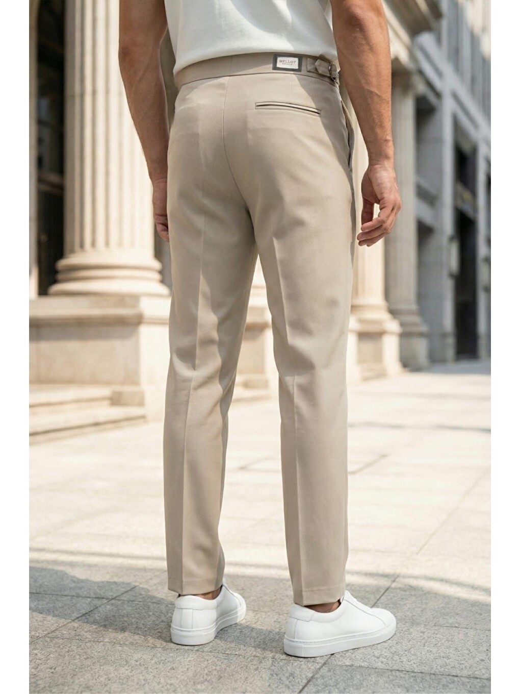 Ekru Gurkha Stil Yan Ayarlı Metal Tokalı Slim Fit Erkek Kumaş Pantolon Özel Kesim Kruvaze Bel-1