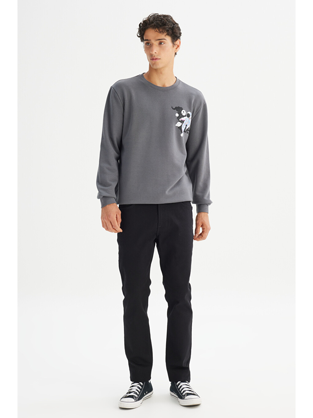 Regular Fit Bisiklet Yaka Baskılı Antrasit Sweatshirt-1