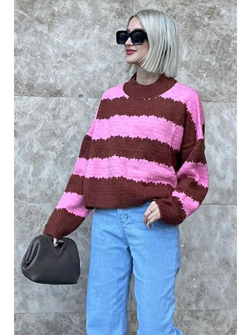 Pembe Desenli Oversize Kazak Mg1205-1