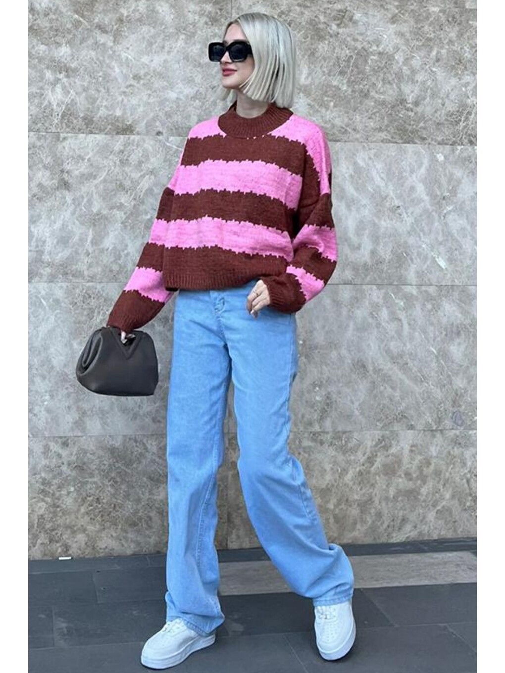 Pembe Desenli Oversize Kazak Mg1205-4