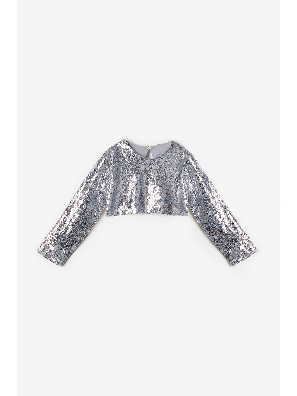 Gri Gümüş Uzun Kollu Pullu Kız Çocuk Crop Bluz