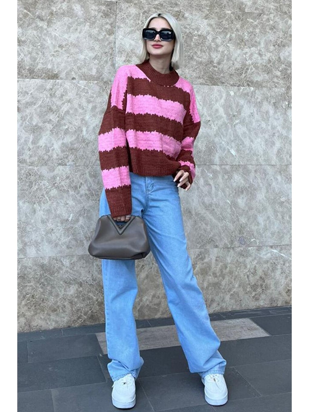 Pembe Desenli Oversize Kazak Mg1205-3
