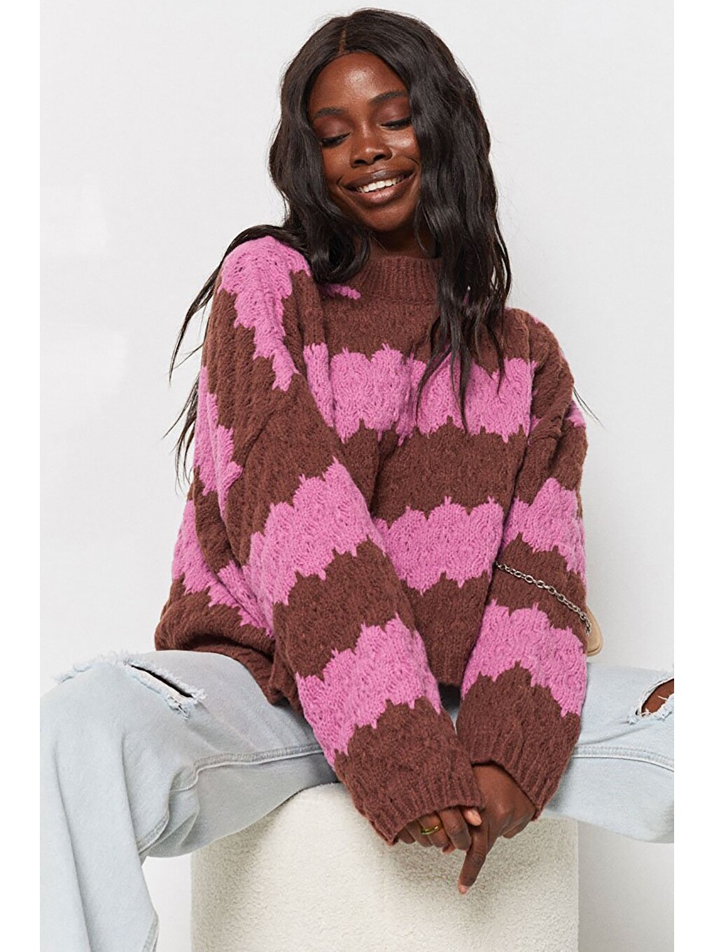 Pembe Desenli Oversize Kazak Mg1205-5