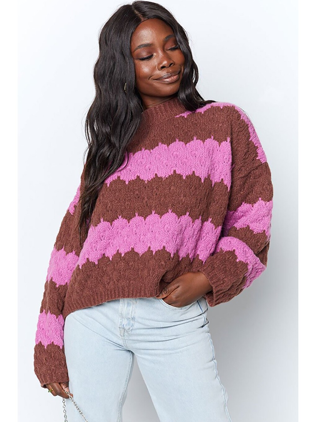 Pembe Desenli Oversize Kazak Mg1205-6