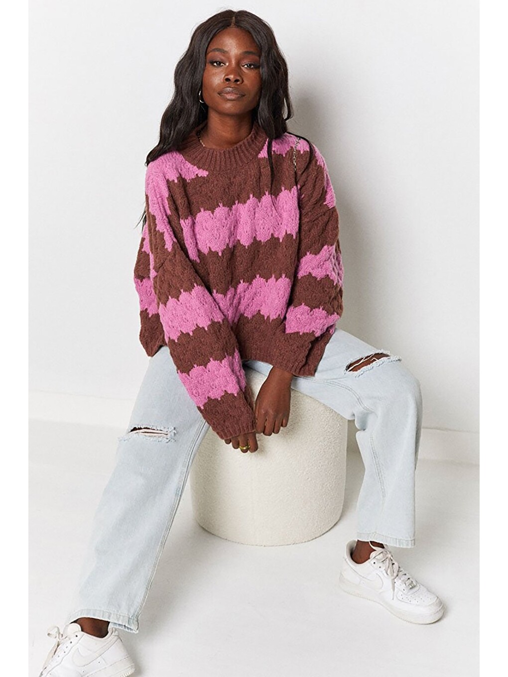 Pembe Desenli Oversize Kazak Mg1205-7