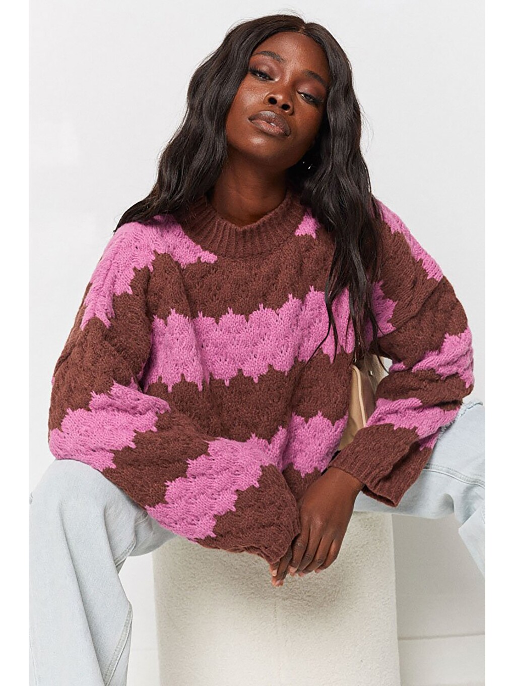 Pembe Desenli Oversize Kazak Mg1205-9