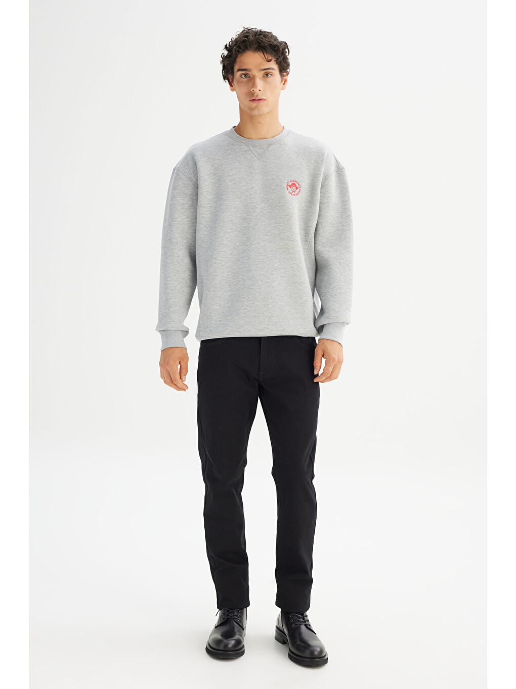 Gri Pamuklu İçi Polarlı Regular Fit Bisiklet Yaka Baskılı Sweatshirt-1