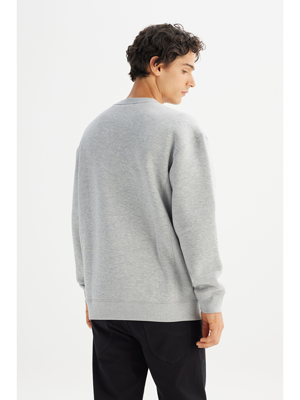 Gri Pamuklu İçi Polarlı Regular Fit Bisiklet Yaka Baskılı Sweatshirt-4
