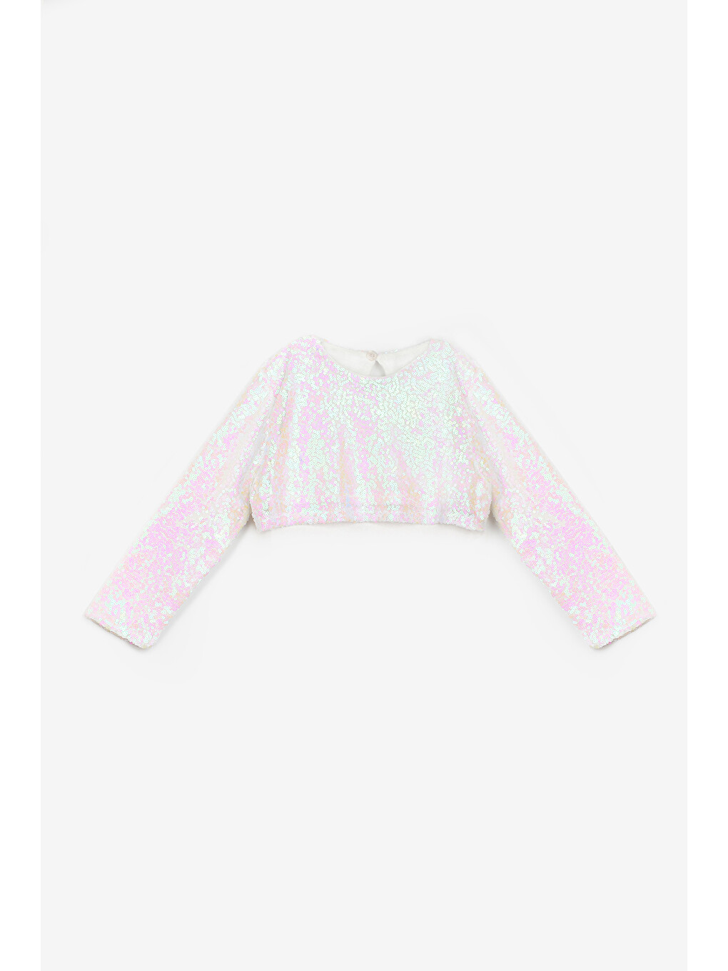 Beyaz Uzun Kollu Pullu Kız Çocuk Crop Bluz