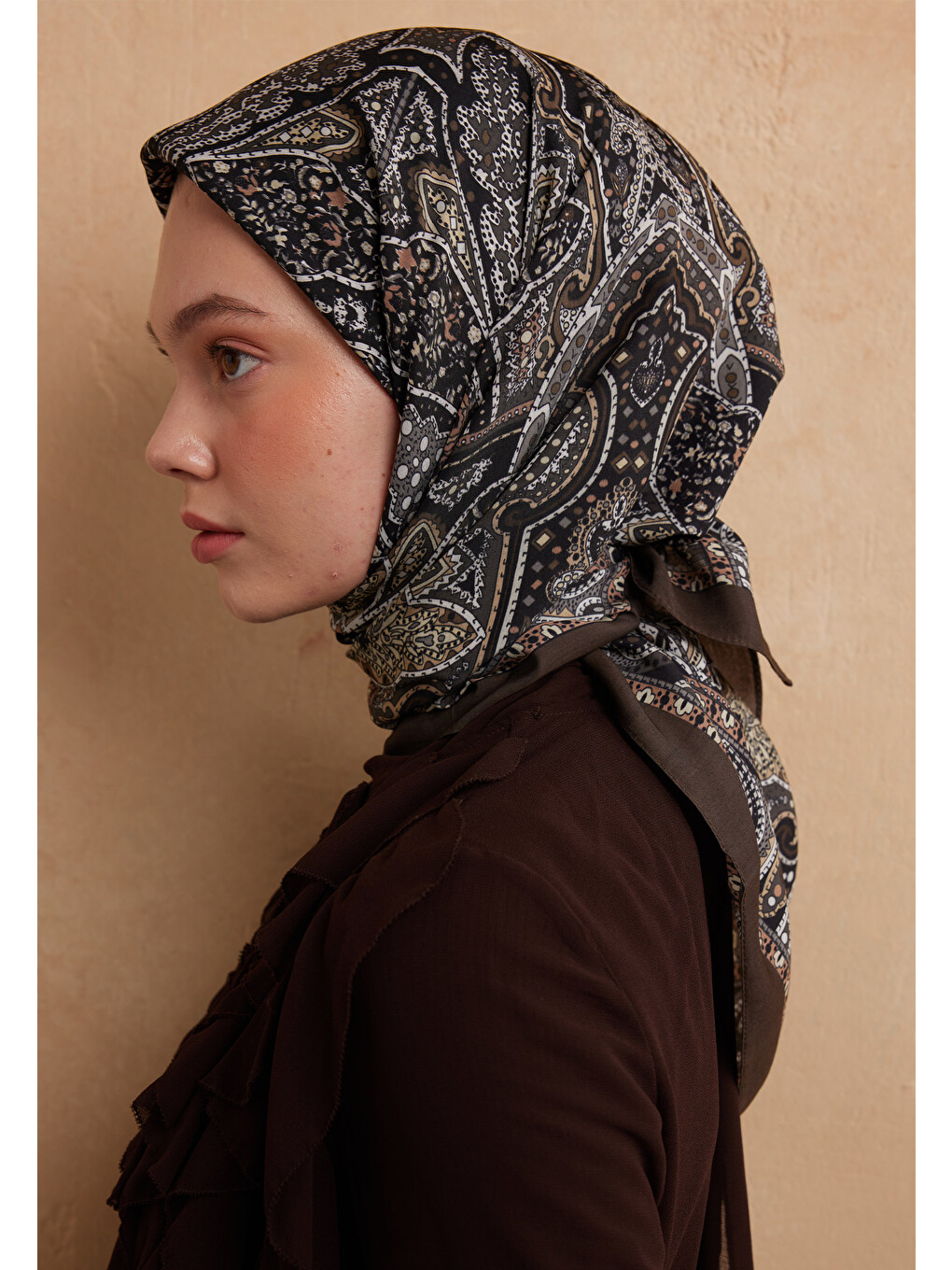 Kahverengi Helene Desen Pamuk İpek Eşarp Acı Kahve-3