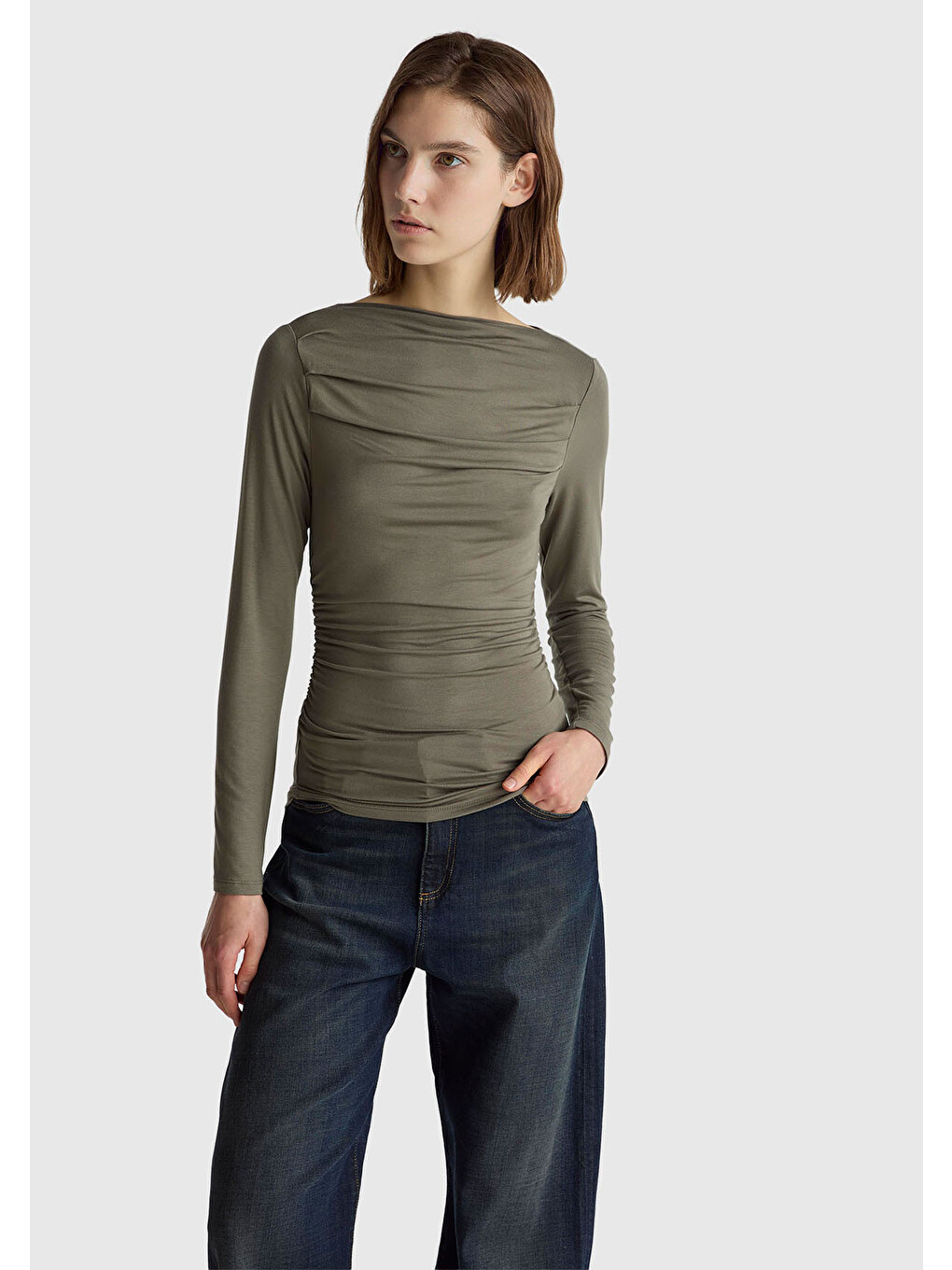 Kadın Haki Modal Karışımlı Slim Fit Kayık Yaka Uzun Kollu T-shirt