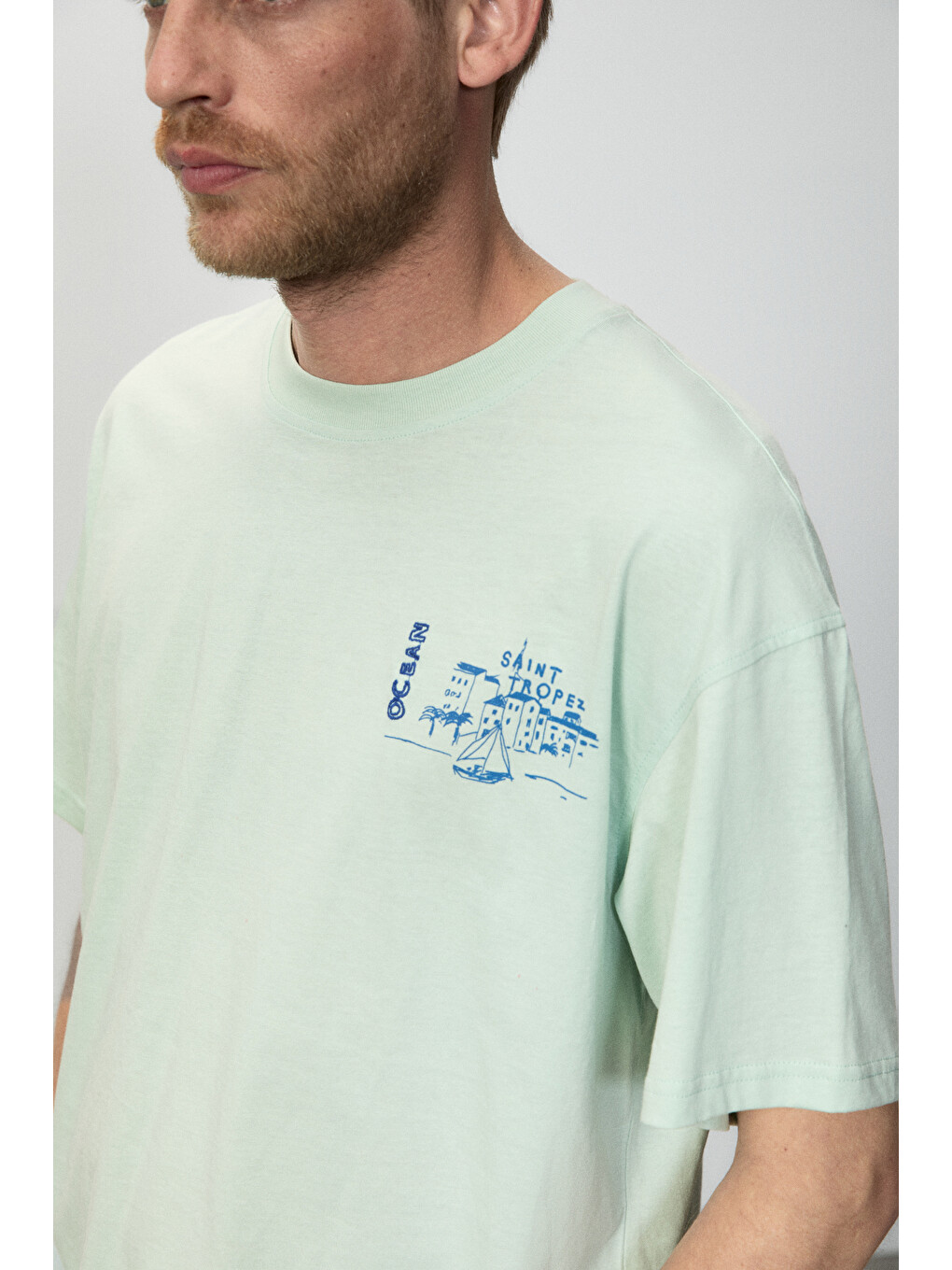 Alonzo Erkek Oversize Fit %100 Pamuk Nakışlı Ve Baskılı Mint Yeşil T-shirt-1